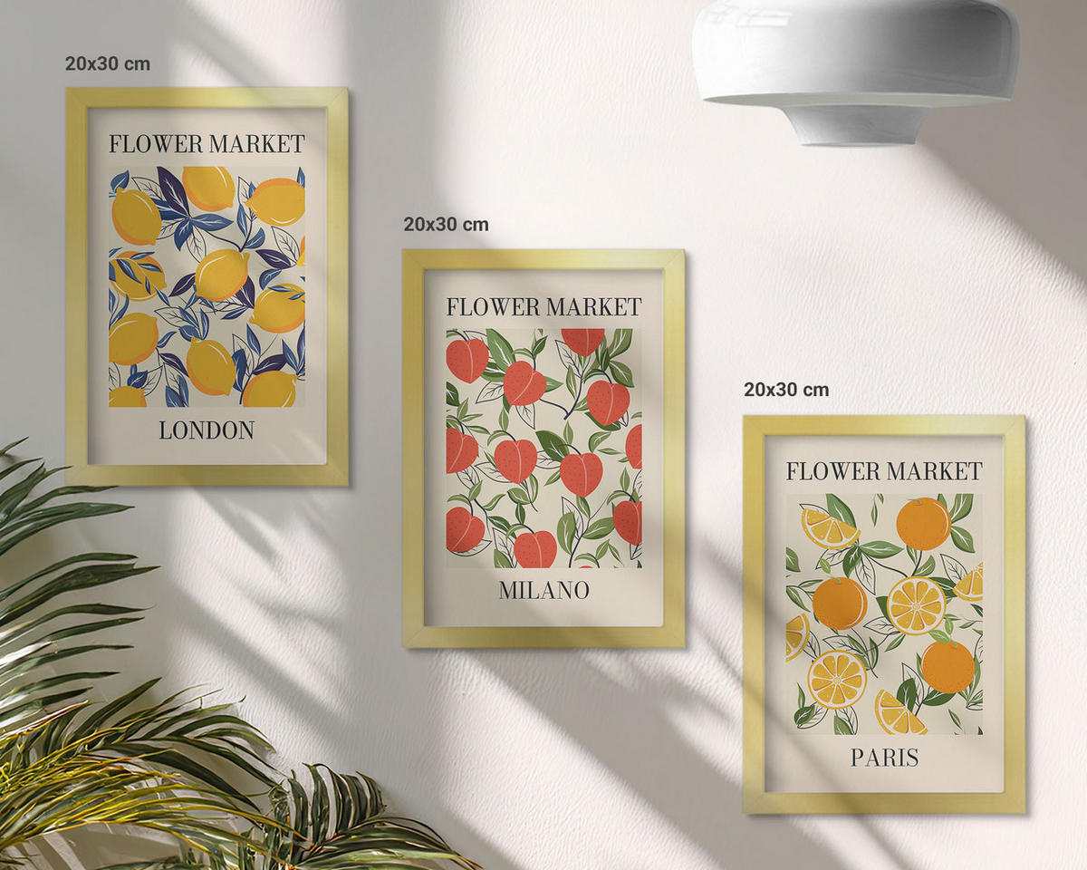 WANDBILDER 3er Set - 20x30 cm Goldrahmen - Blumenplakate in Städten - Goldfarben, Kunststoff (20/30cm) - ArtPrintCave
