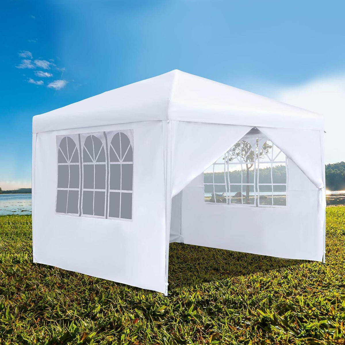 FALTPAVILLON 3 x 3 m mit 4 Seitenteilen und Fenstern Weiß - Weiß, Textil (300/260/300cm)