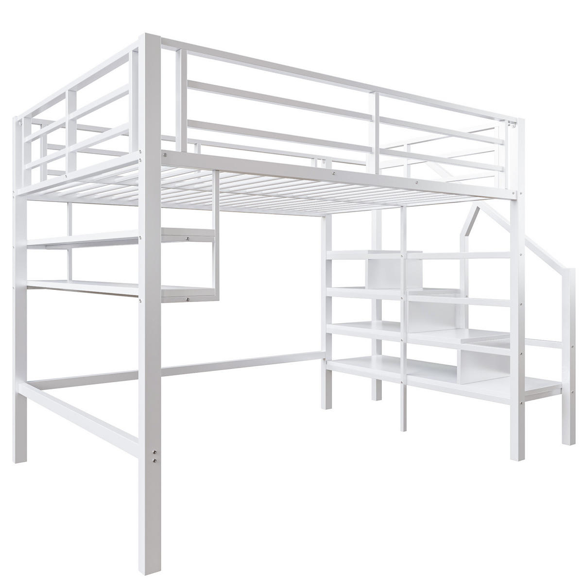 HOCHBETT 140/200 cm aus Metall mit Stauraumleiter, Regalfächern und Freiraum unter dem Bett, Weiß - Weiß, Metall (140/200cm) - Redom