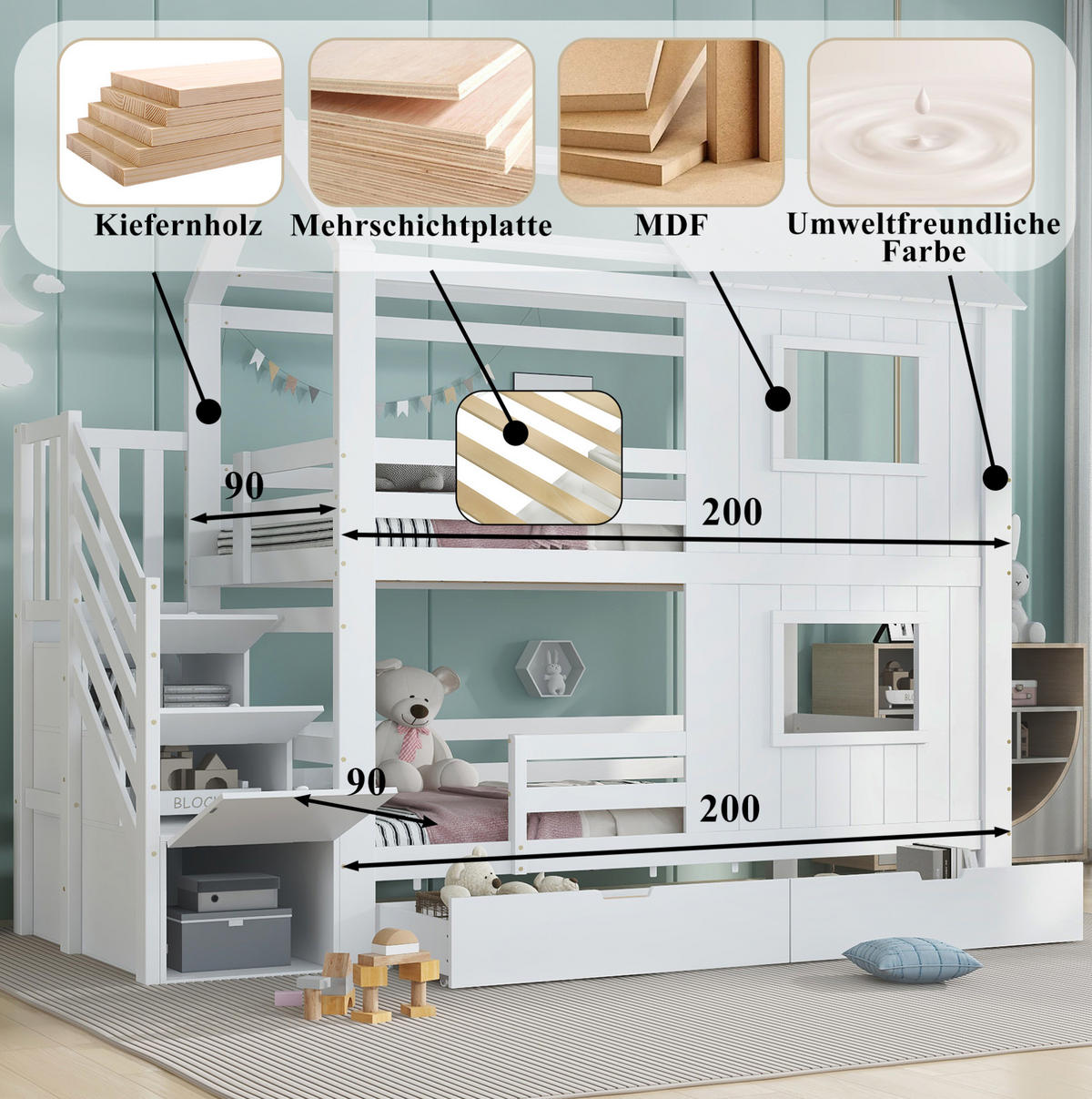 ETAGENBETT 90/200 cm weiß aus Kiefer und MDF mit Treppenschrank - Weiß, Holz (90/200cm) - OKWISH