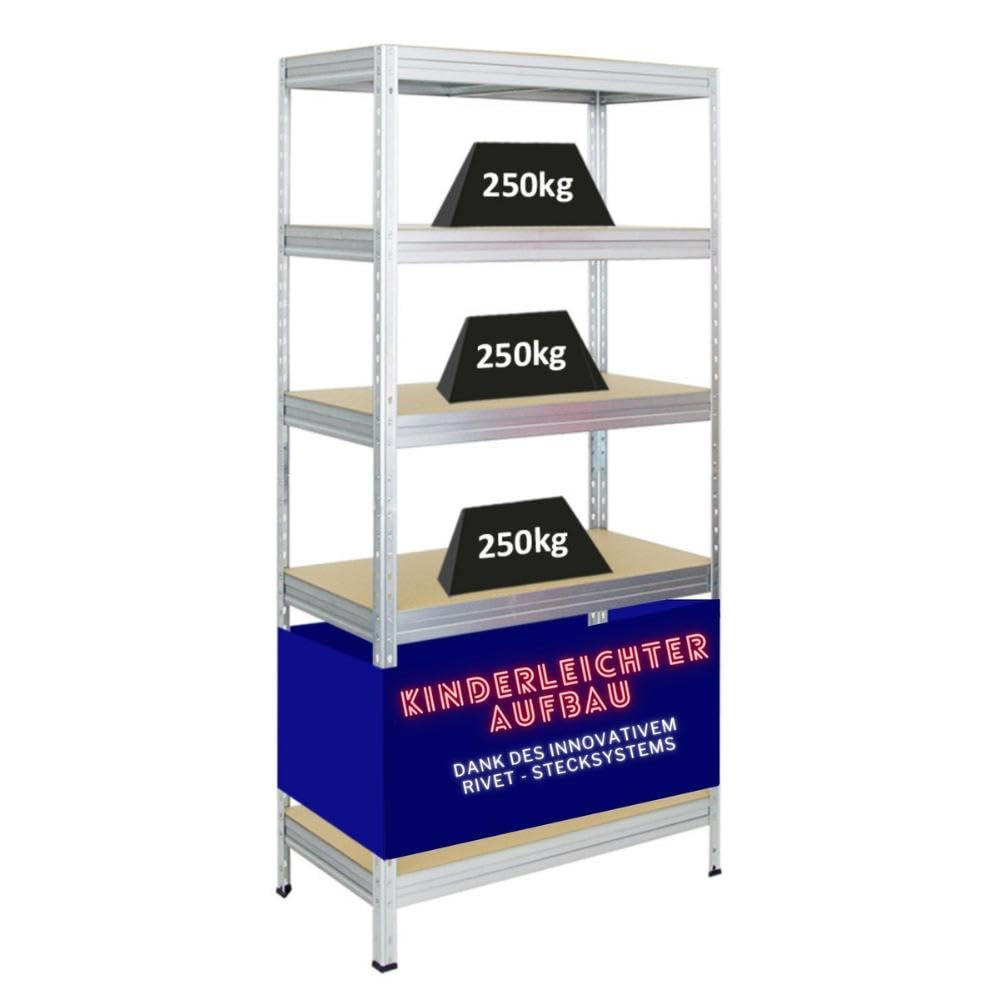SCHWERLASTREGAL Rivet 180x90x45 cm Fachlast 250 kg Innovatives Stecksystem Verzinkt - Silberfarben, Metall (90/180/45cm) - PROREGAL