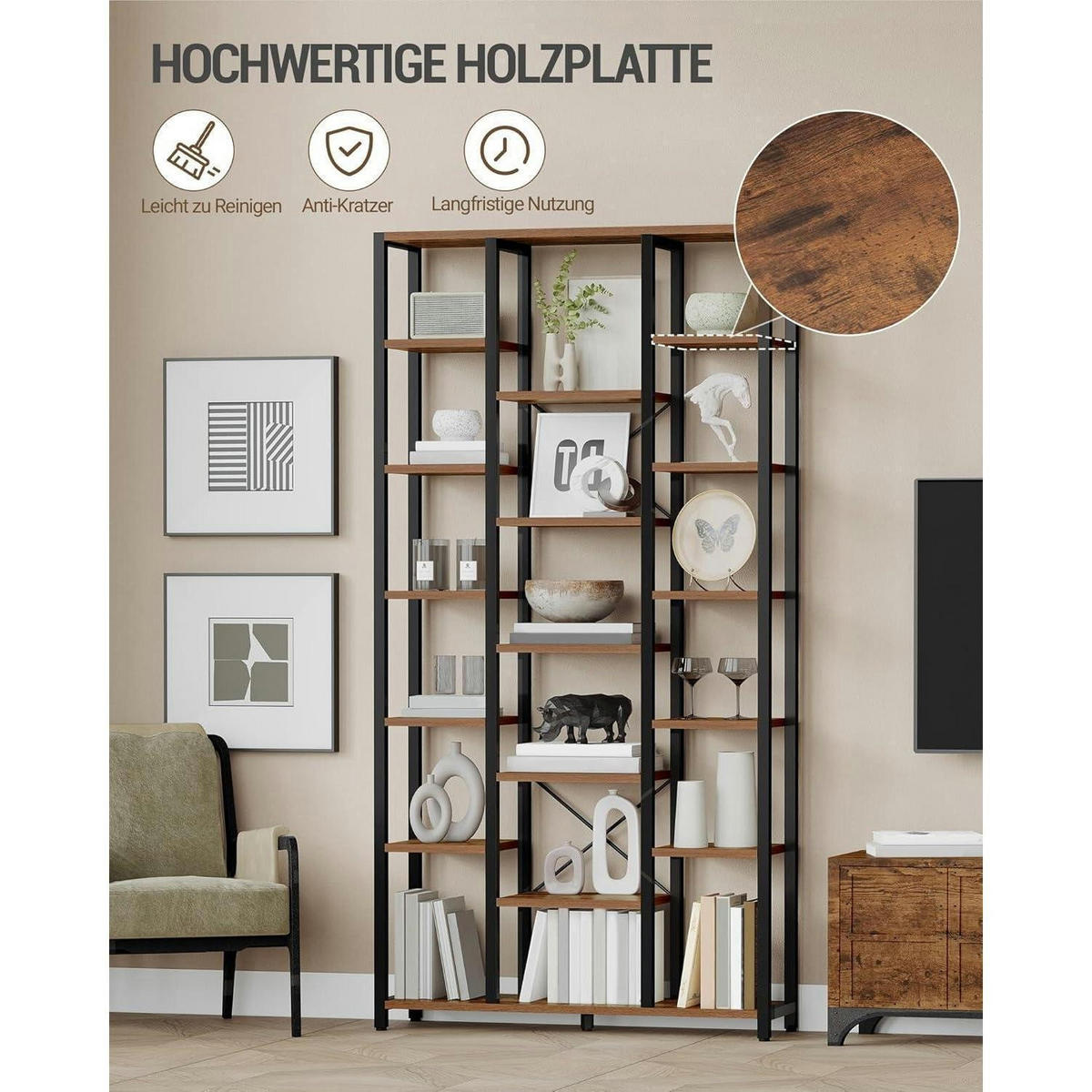 STANDREGAL mit 7 Ebenen Vintagebraun-Schwarz 30 x 100 x 202 cm - Braun, Holzwerkstoff (100/202/30cm)