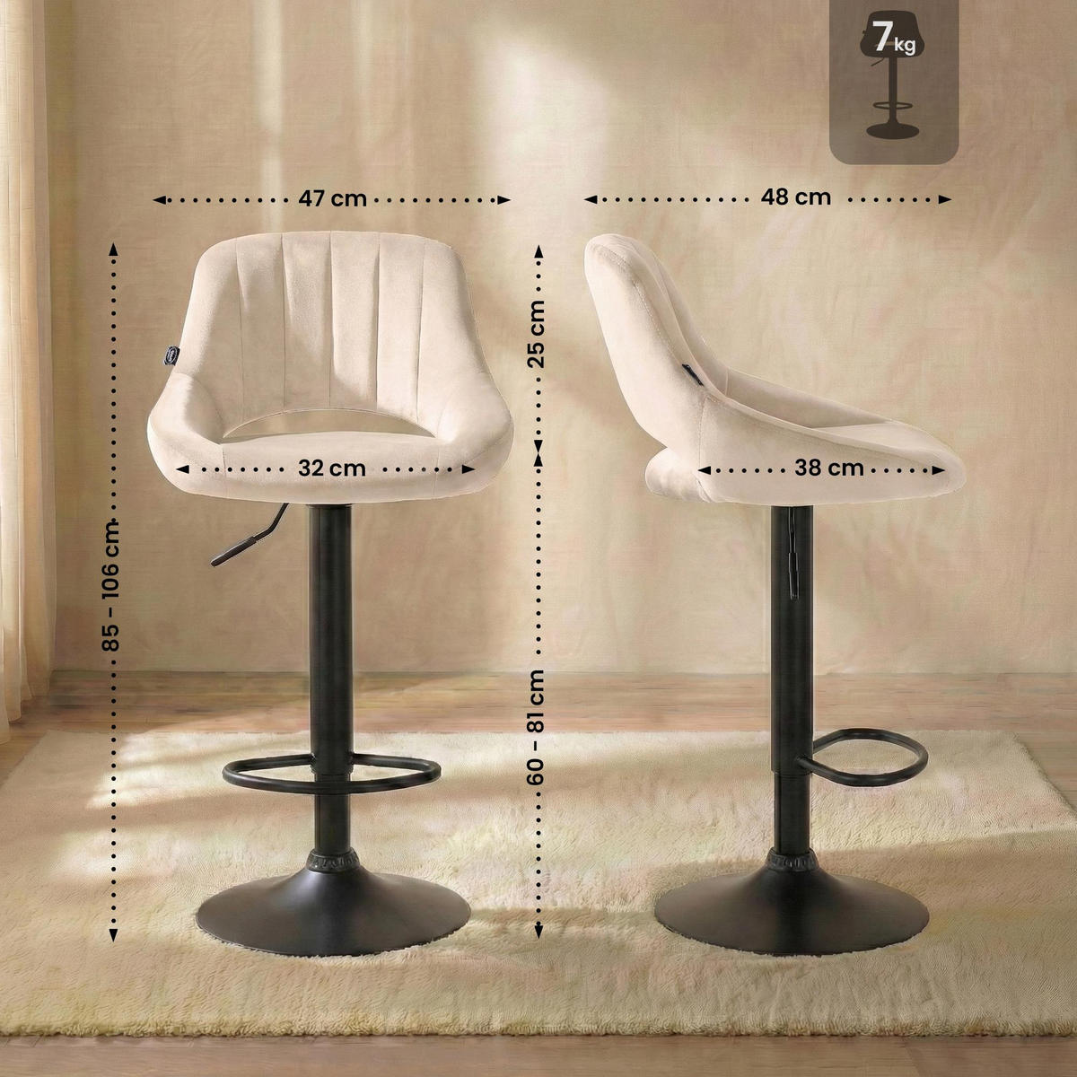 BARHOCKER Samt Creme - Creme/Schwarz, Textil/Metall (47/85/48cm) - CLP