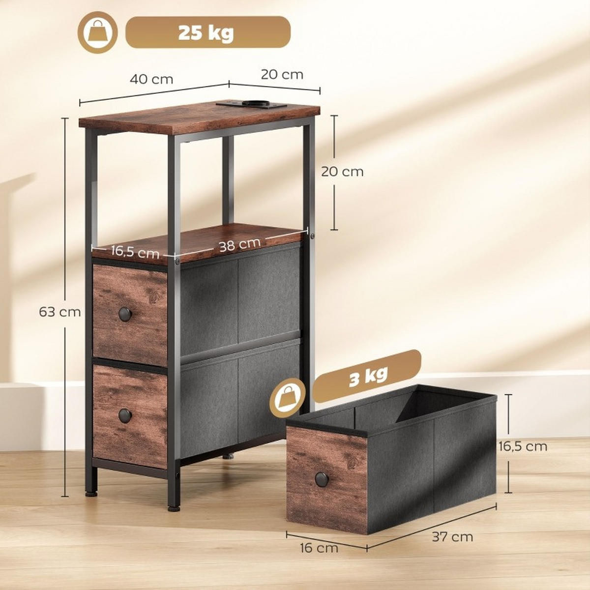 BEISTELLTISCH Rustikalbraun aus Holz mit Ladestation - Braun, Holz (40/20/63cm) - OKMYHOME