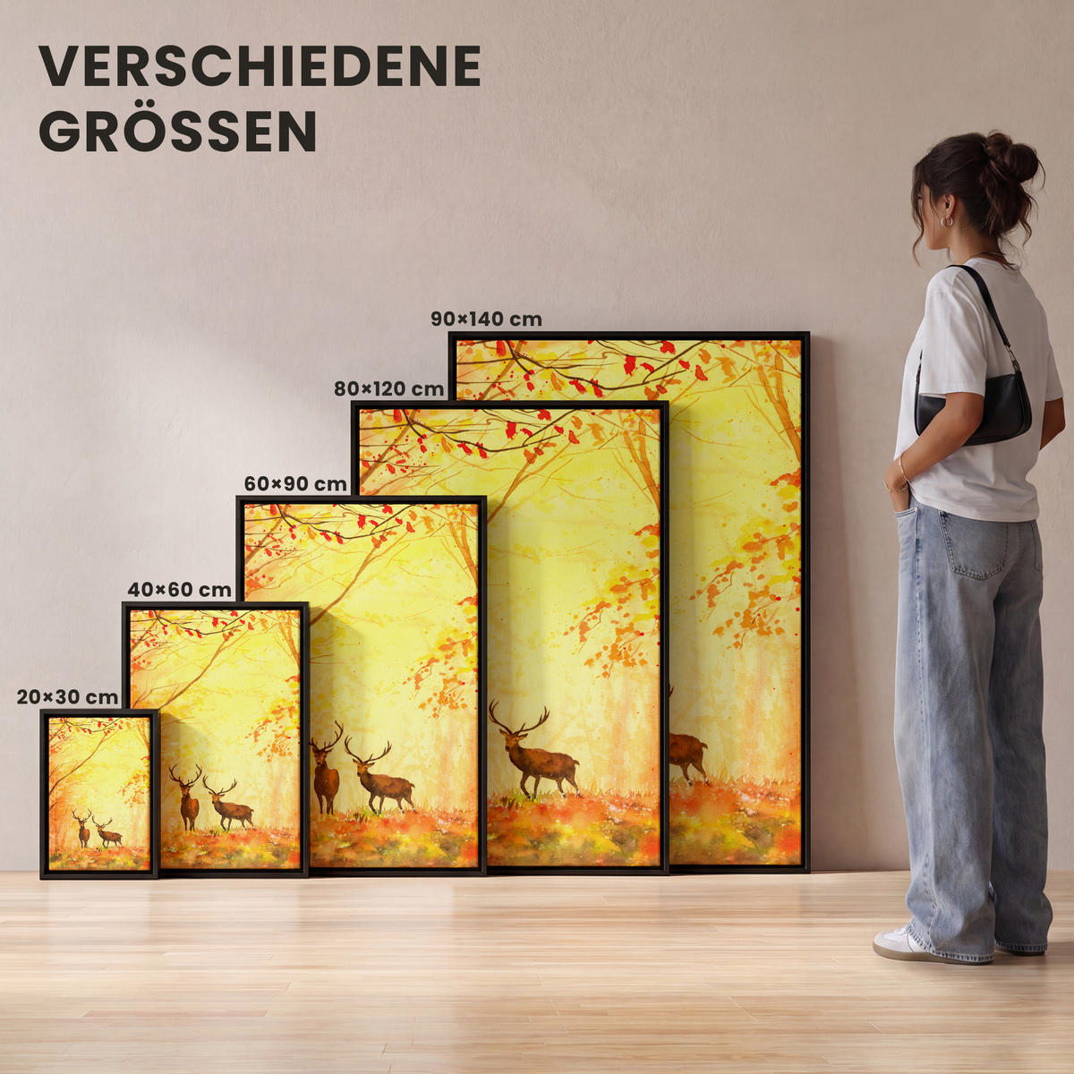 LEINWAND Bilder mit Rahmen - Natur - Ölfarbe - Hirsche - Tiere - Herbst - Orange - 40x60 - Orange, Textil (40/60cm) - MuchoWow