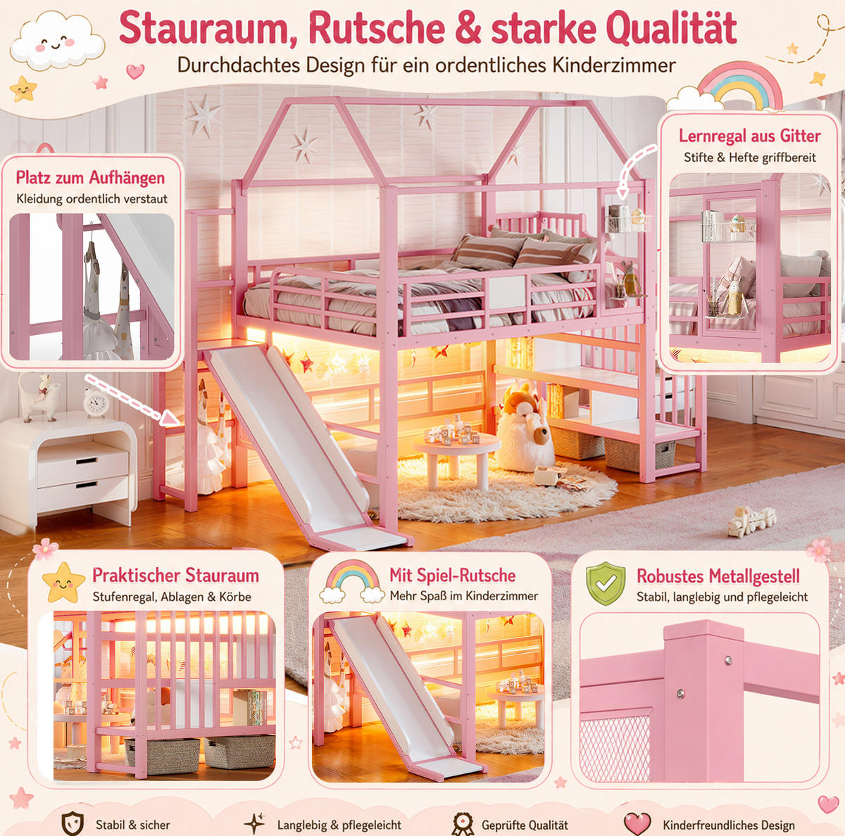 KINDERHOCHBETT 140x200 cm in Rosa mit Rutsche, Stauraumtreppe und Bluetooth-LED - Pink, Holzwerkstoff (140/200cm) - IVMEU