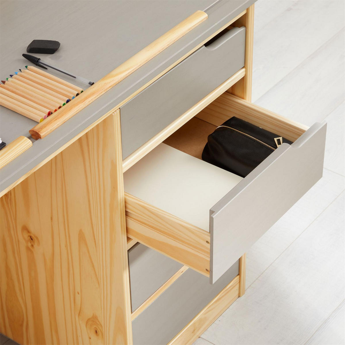 KINDERSCHREIBTISCH EMMA - Naturfarben/Grau, Holz (114/76/55cm) - IDIMEX