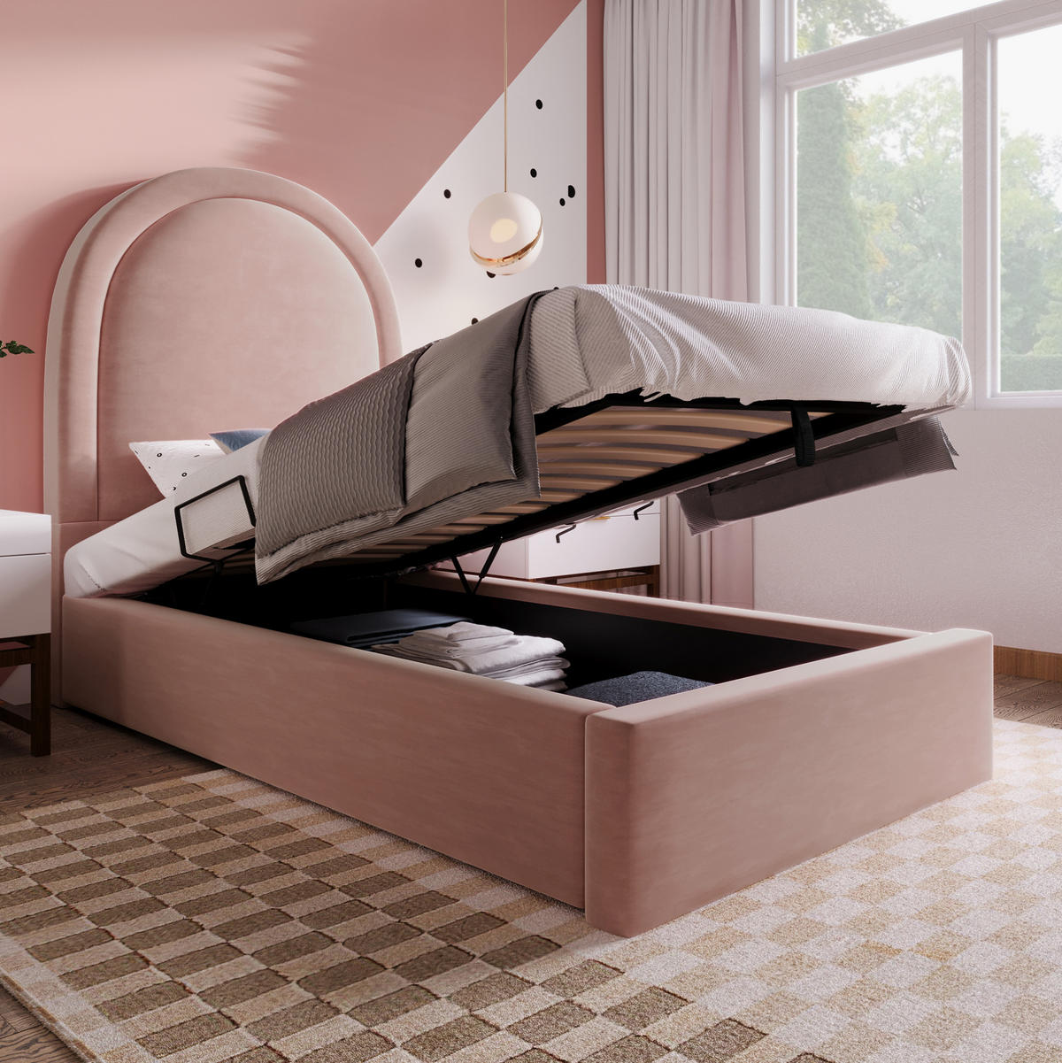 POLSTERBETT 90/200 cm Rosa aus Samt mit Bettkasten - Rosa, Textil (90/200cm) - OKMYHOME