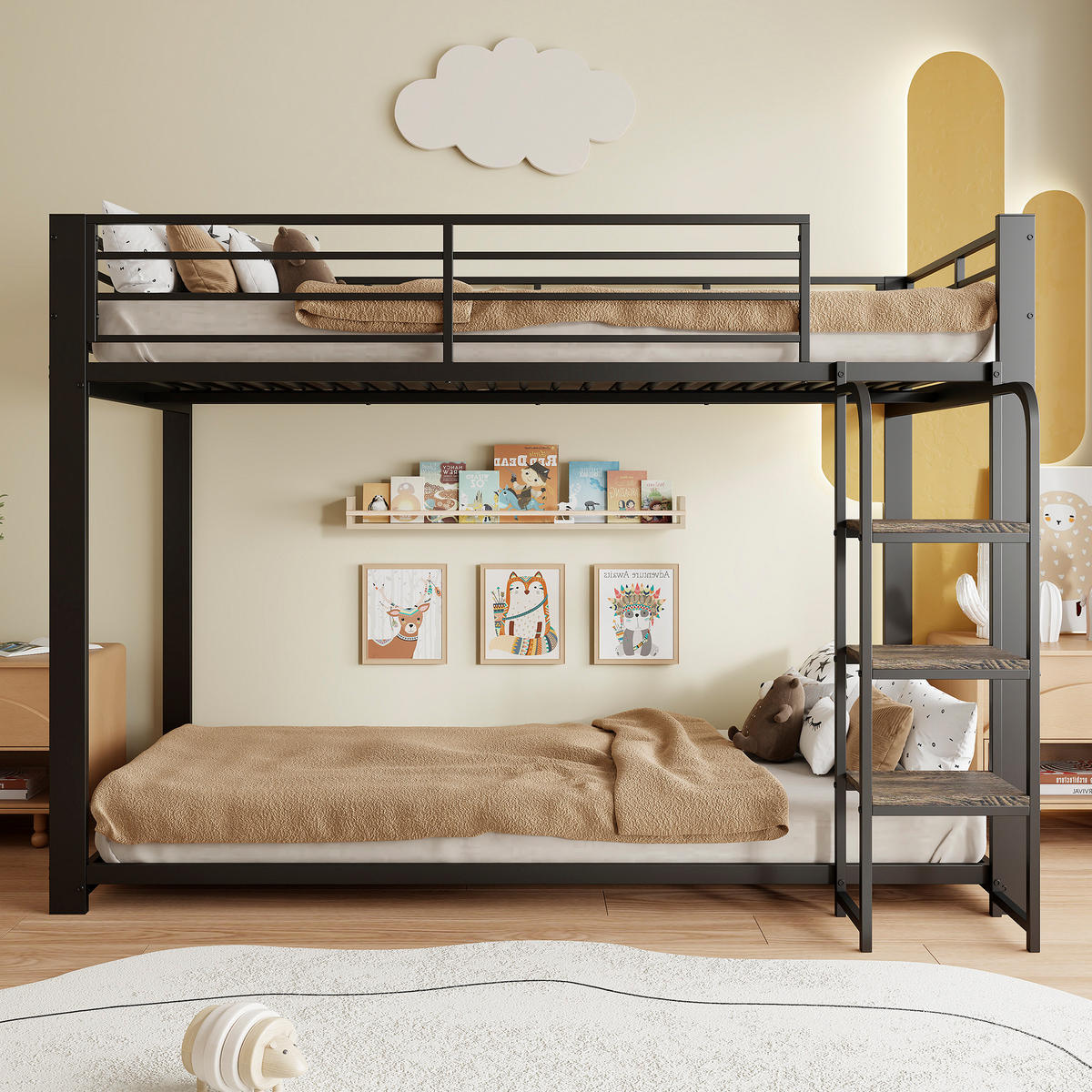 ETAGENBETT 90/200 cm aus Metall in Schwarz mit breiten Holzstufen - Schwarz, Metall (90/200cm) - Modenvie