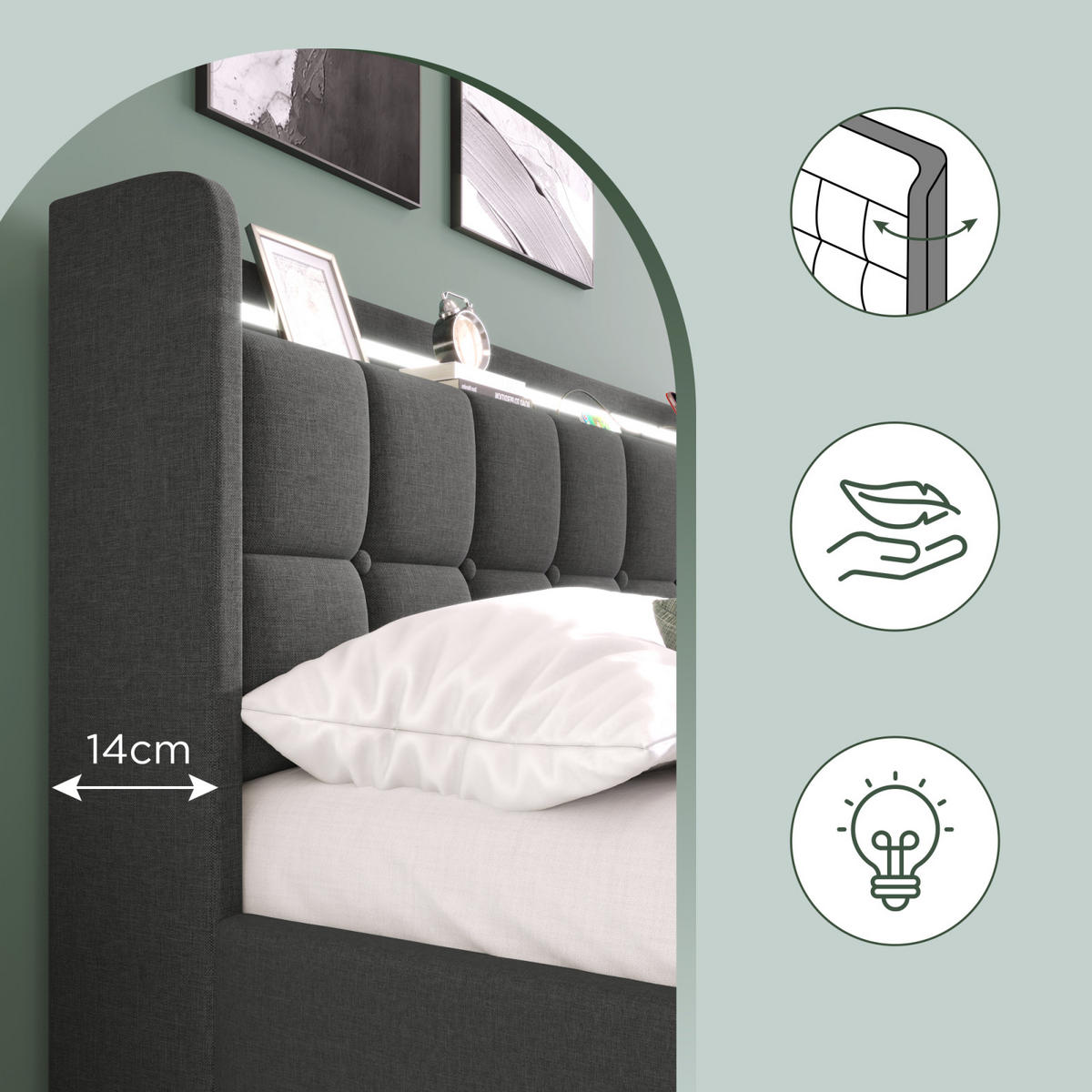 POLSTERBETT 160x200 cm, Grau, USB-Ladefunktion, LED-Beleuchtung - Grau, Textil/Metall (160/200cm)