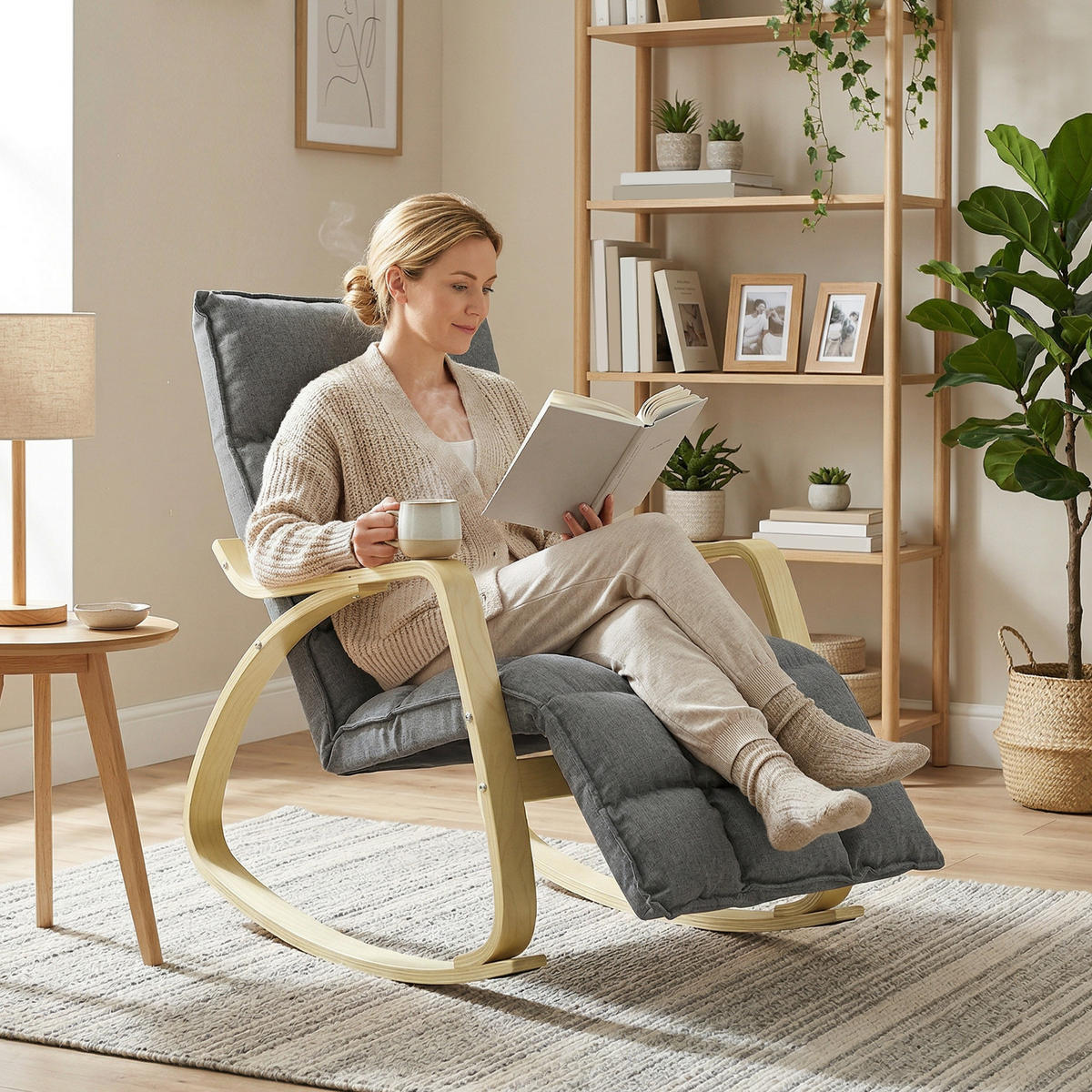 SCHAUKELSTUHL DE-07596 mit verstellbarer Fußstütze Grau - Grau, Textil (67/92/106cm) - ComfortXL
