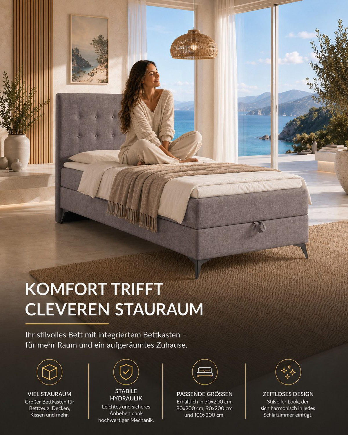 BOXBETT K15 Single SLIM mit Bettkasten & Bonell-Federkern inkl. Topper - Taupe, Holz/Textil (200/90cm) - Best For Home