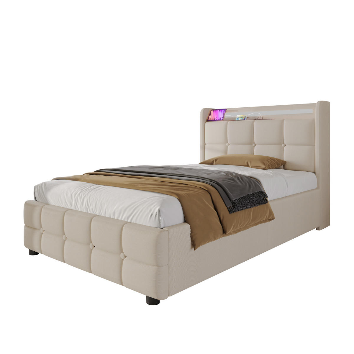 POLSTERBETT aus Holz 90x200 cm in Beige mit LED & USB-Ladestation - Beige, Holz (90/200cm) - Modfu