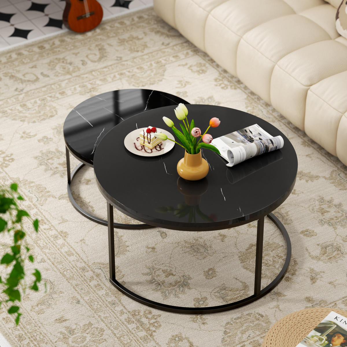 COUCHTISCH in Schwarz Hitzebeständiger Wohnzimmertisch mit Marmor-Optik Platte Sofatisch mit Metallgestell - Schwarz, Holzwerkstoff/Metall (80/80/45cm) - STILVORA