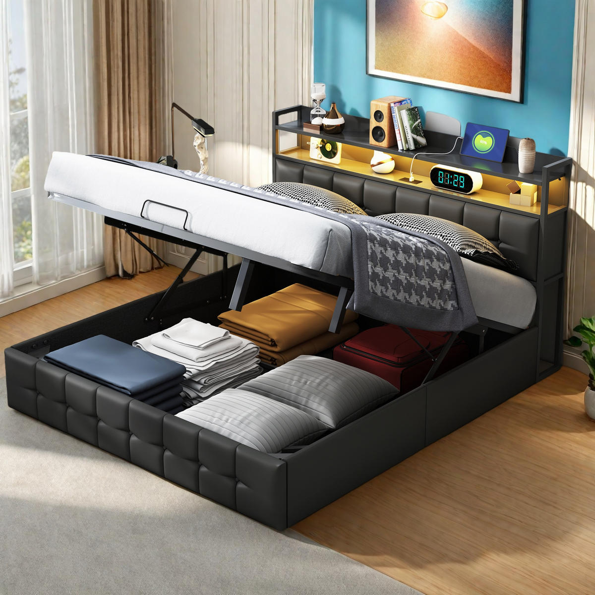 POLSTERBETT 140/200 cm Schwarz mit Bettkasten und USB-Anschlüssen - Schwarz, Holz (140/200cm) - SHOPENTRA