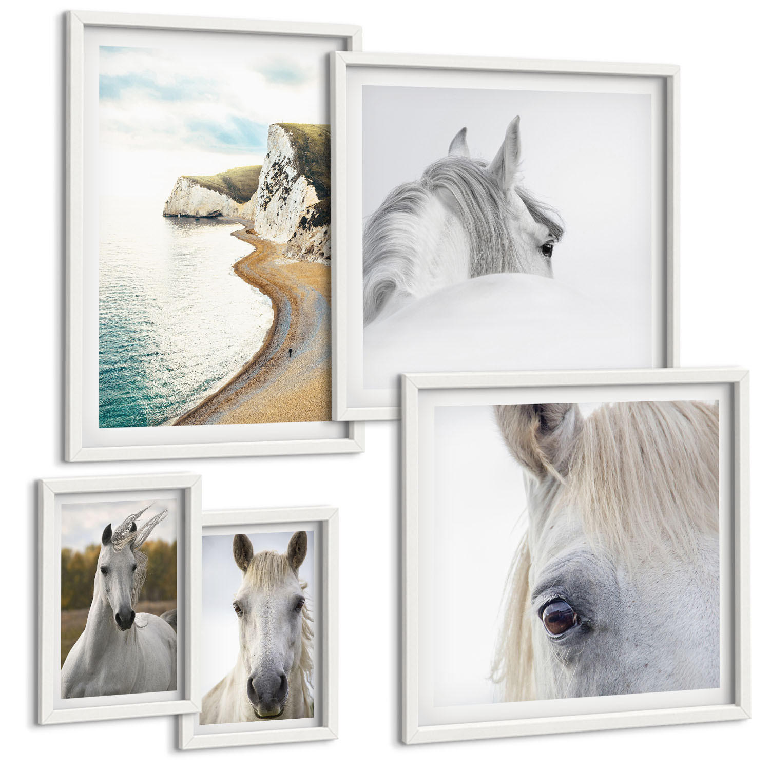BILDER SET 5er Set - 50x50 cm & 20x30 cm & 40x60 cm Weißer Rahmen - Kontrastierende abstrakte Porträts - Weiß, Kunststoff (40/60cm) - TULUP