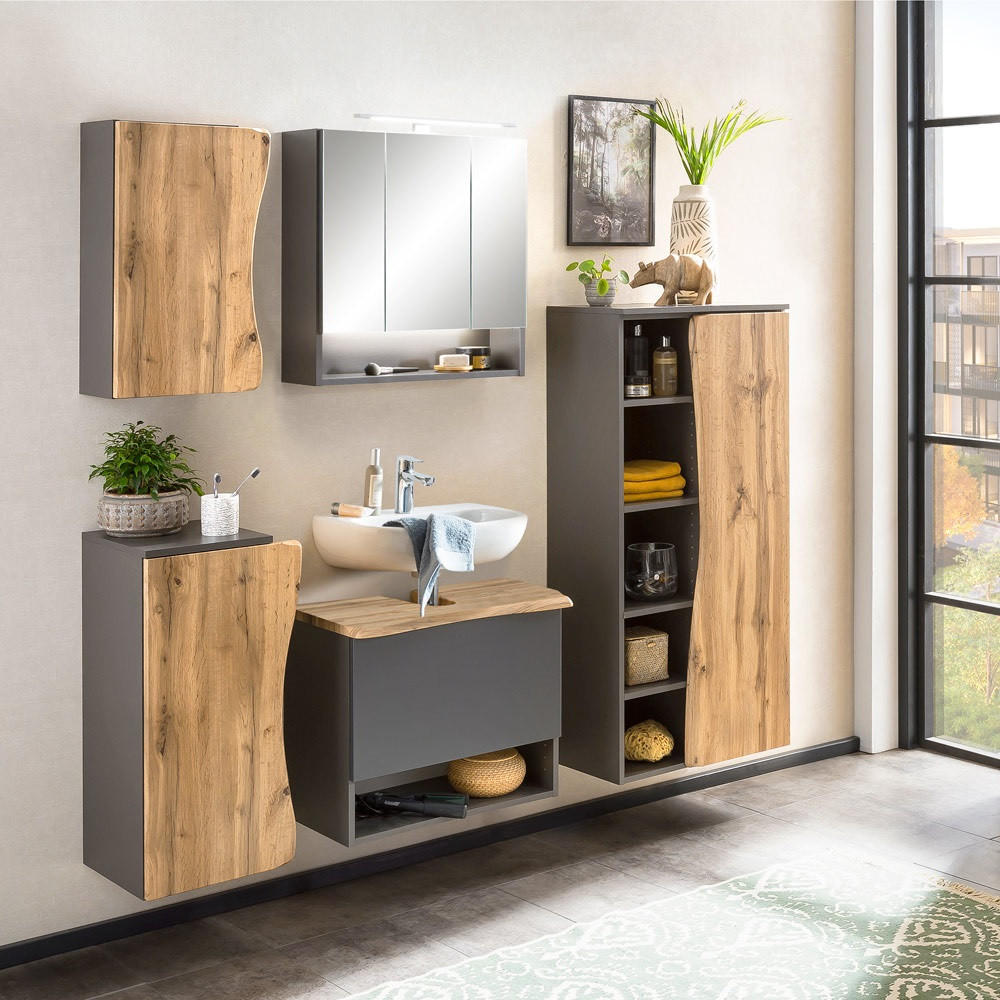 BADMÖBEL-SET 5-TLG. Kahla-03 - Anthrazit/Braun, Holzwerkstoff (199/200/40cm) - Lomado