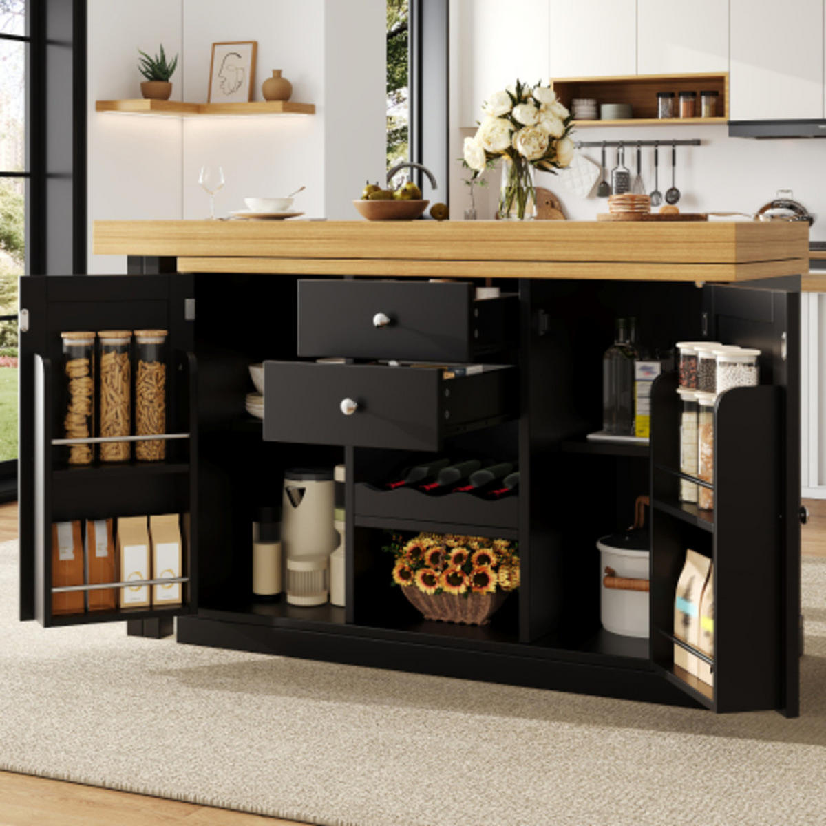 KÜCHENINSEL 120-197×40×74 cm aus MDF und Metall mit 360° drehbarer ausziehbarer Tischplatte, schwarz - Schwarz, Holzwerkstoff (197/74/40cm) - Luhomfu