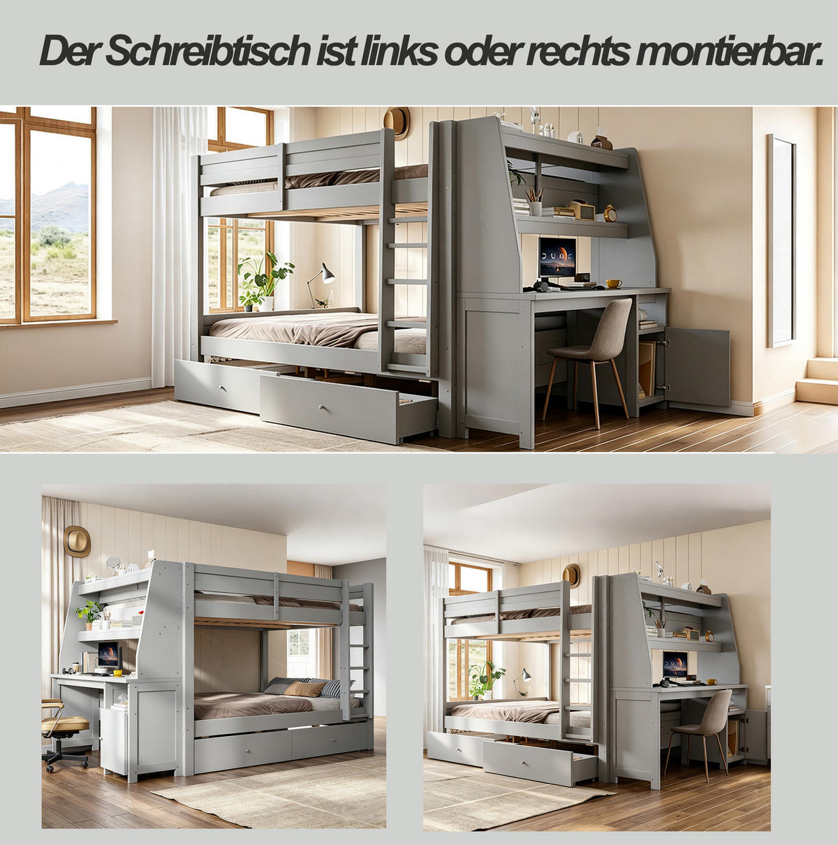 ETAGENBETT 140x200 cm in Grau mit Schreibtisch, Stauraum und 2 Schubladen - Grau, Holz (140/200cm) - IVMEU