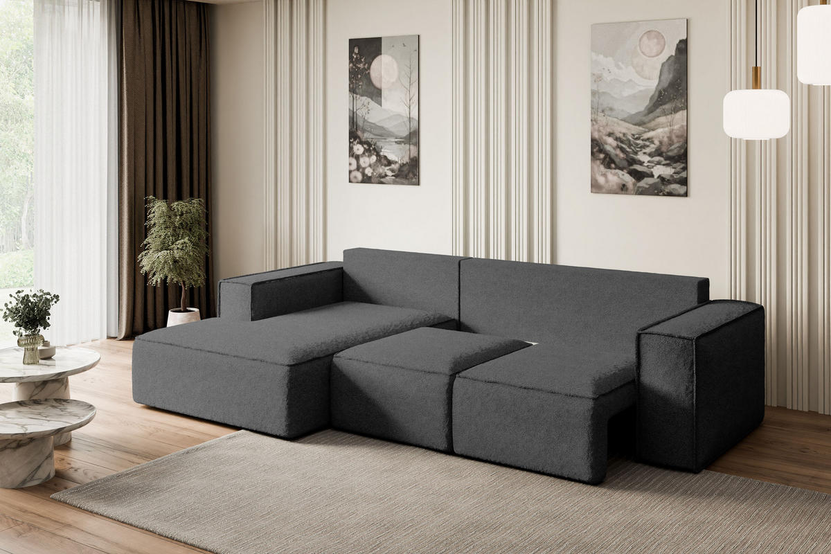 ECKSOFA mit Schlaffunktion und Bettkasten SERRA-L-S - 266x161x87 cm Grau Bouclé - Schwarz/Grau, Holzwerkstoff/Kunststoff (266/161cm) - ALTDECOR
