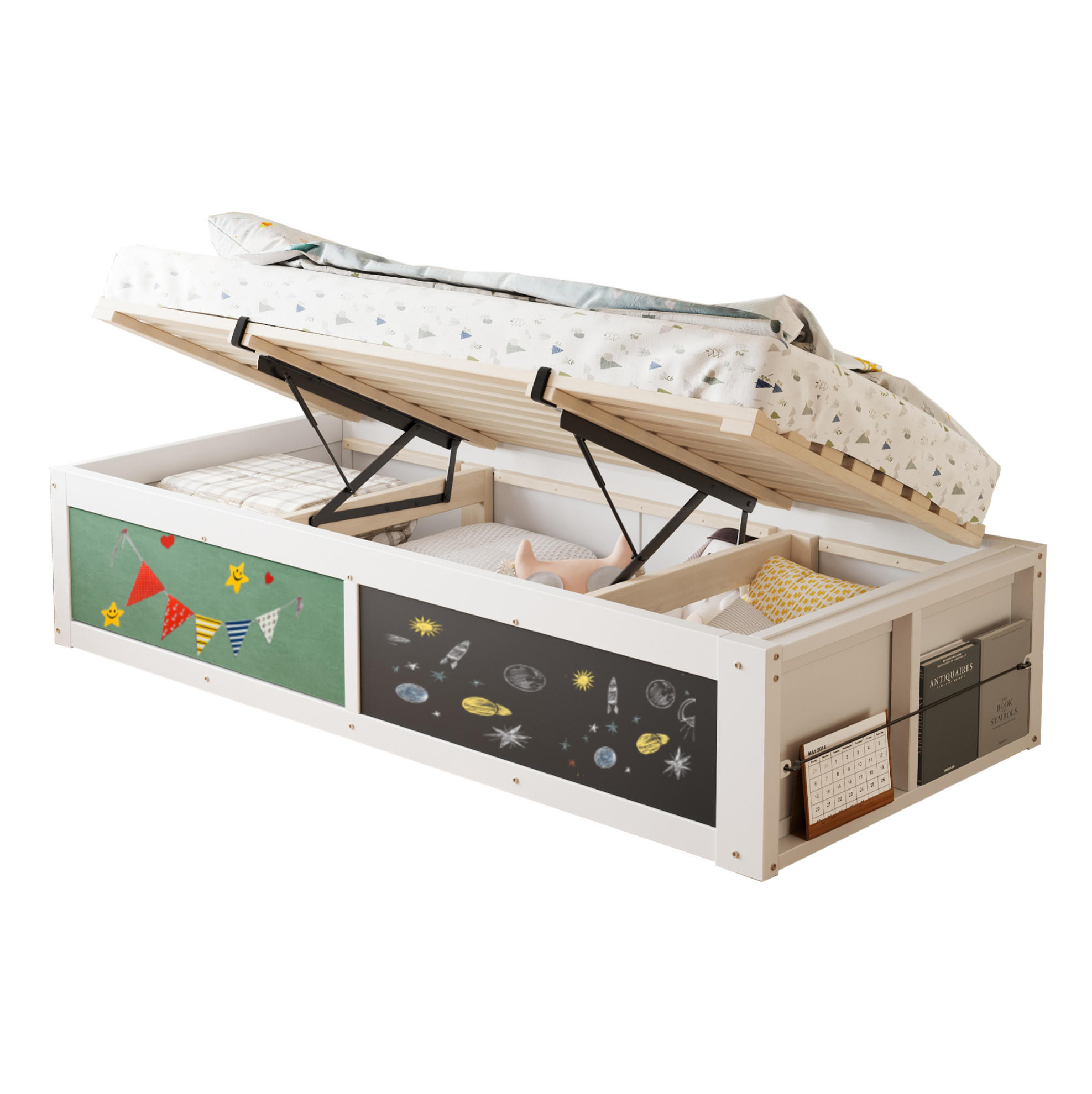 KINDERBETT 90/200 cm mit hydraulischem Stauraum, Kreide- und Filztafel, Bücherfach, Weiß - Weiß, Holzwerkstoff (90/200cm) - Redom