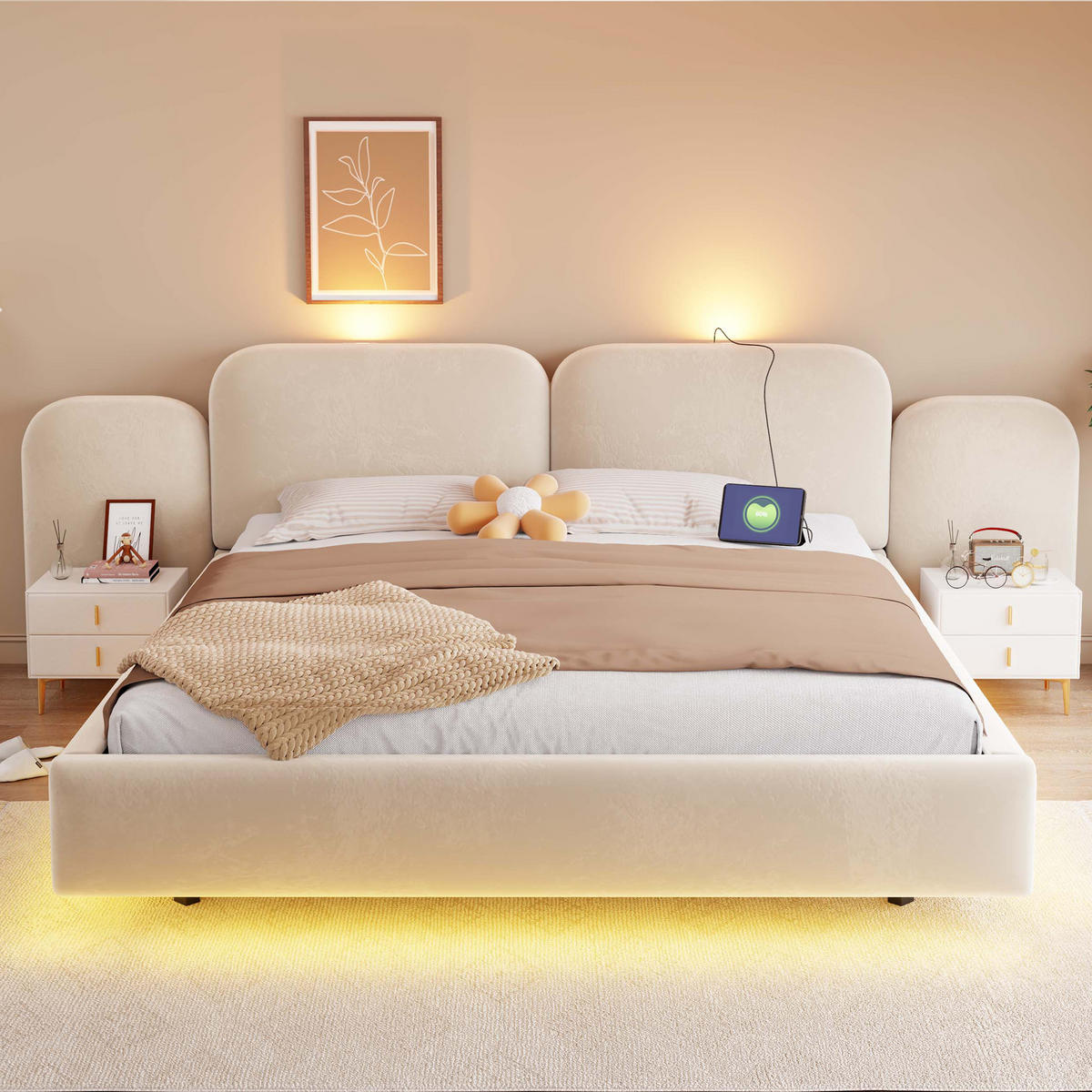 POLSTERBETT 180/200 mit Bettkasten, LED und USB in Beige - Beige, Holzwerkstoff/Textil (180/200cm) - EVRYAE