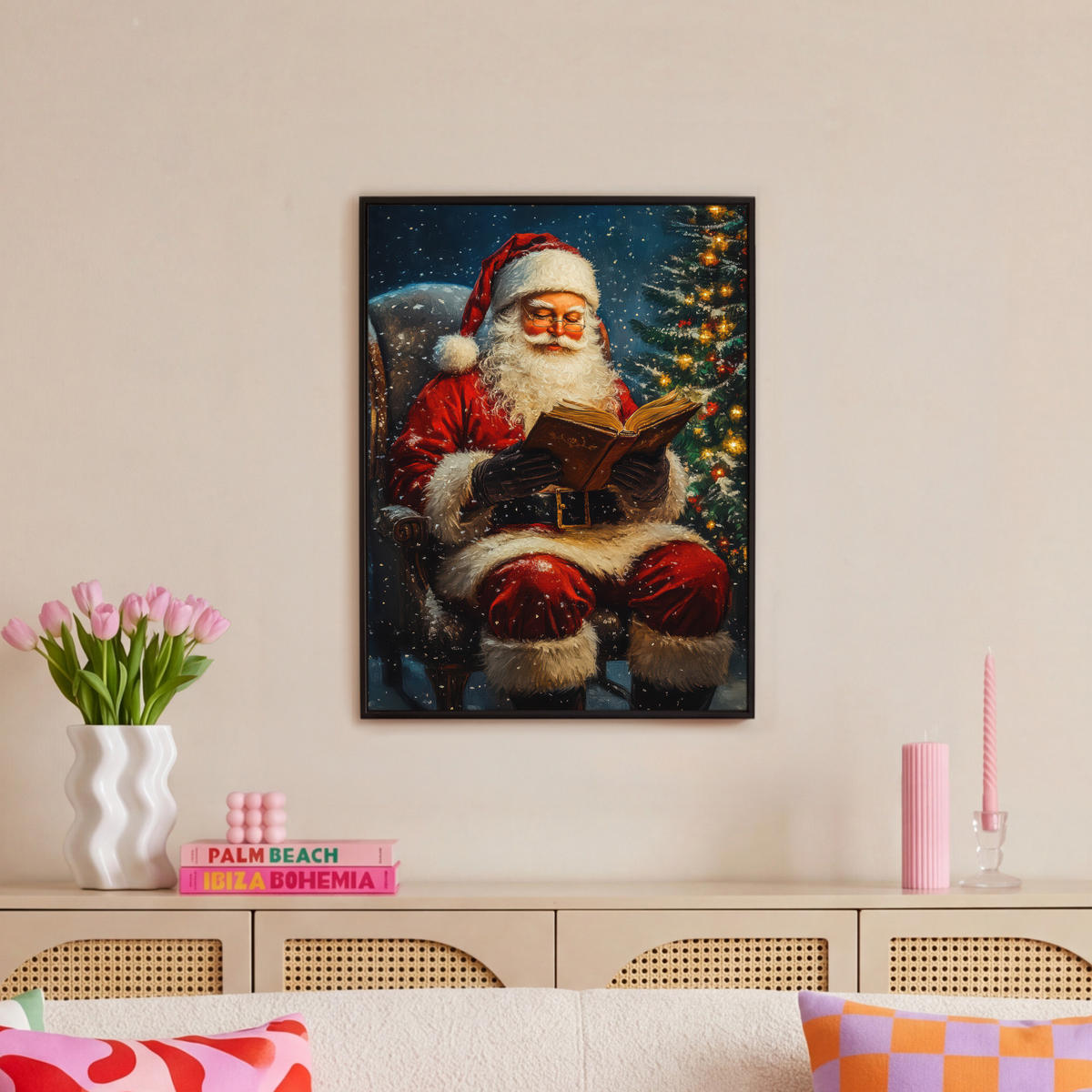 LEINWAND Bilder mit Rahmen - Weihnachtsmann - Weihnachten - Winter - Weihnachtsbaum - 50x70 - Bordeaux, Textil (50/70cm) - MuchoWow