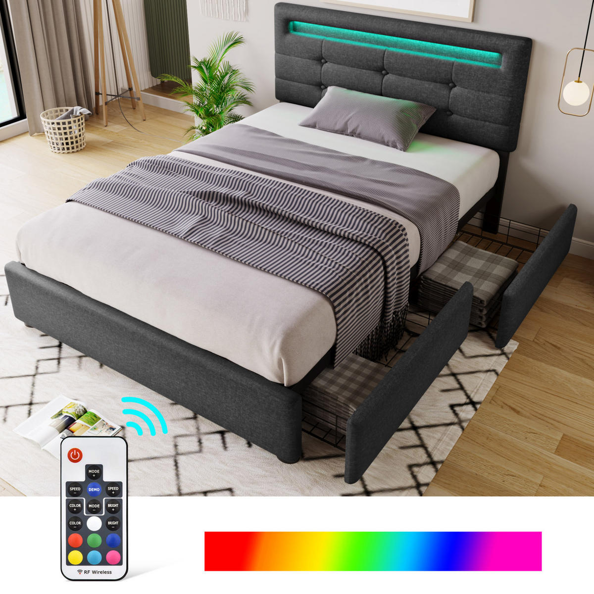 POLSTERBETT 90/200 cm Grau mit LED-Beleuchtung und höhenverstellbarem Kopfteil - Grau, Textil (90/200cm) - OKWISH