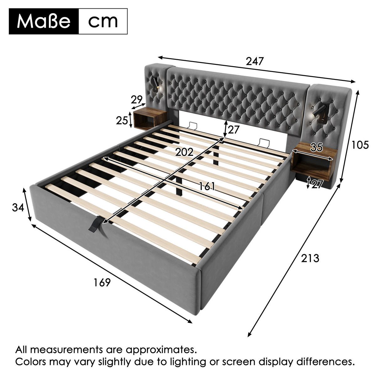 POLSTERBETT 160/200 cm Grau Hydraulisch Stauraumbett mit 2 Nachttischen und Leselicht Mit Matratze - Grau, Textil (160/200cm) - OKWISH