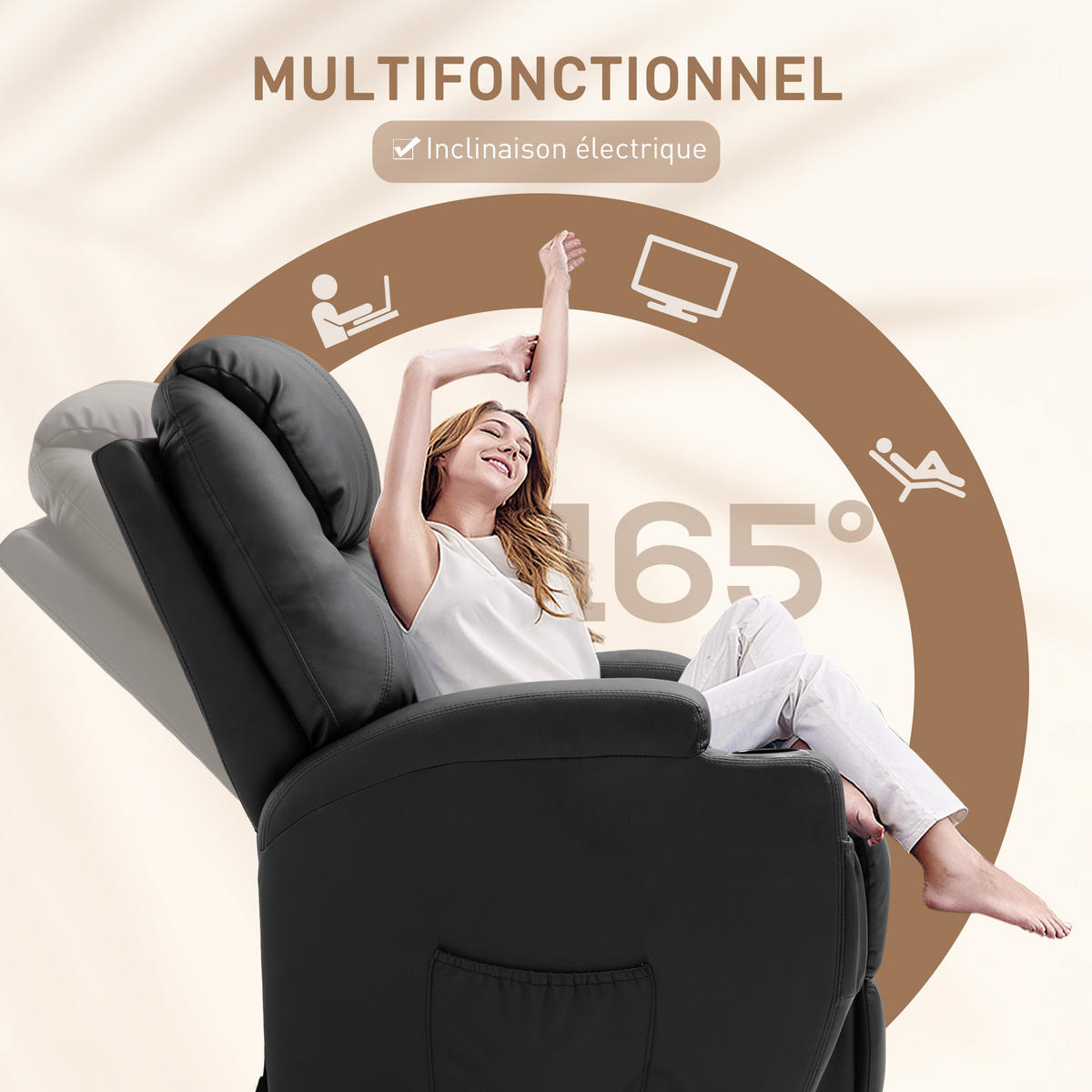 MASSAGESESSEL DE-15346 elektrisch verstellbar mit 8 Massagepunkten Schwarz - Schwarz, Leder (97/110/82cm) - ComfortXL