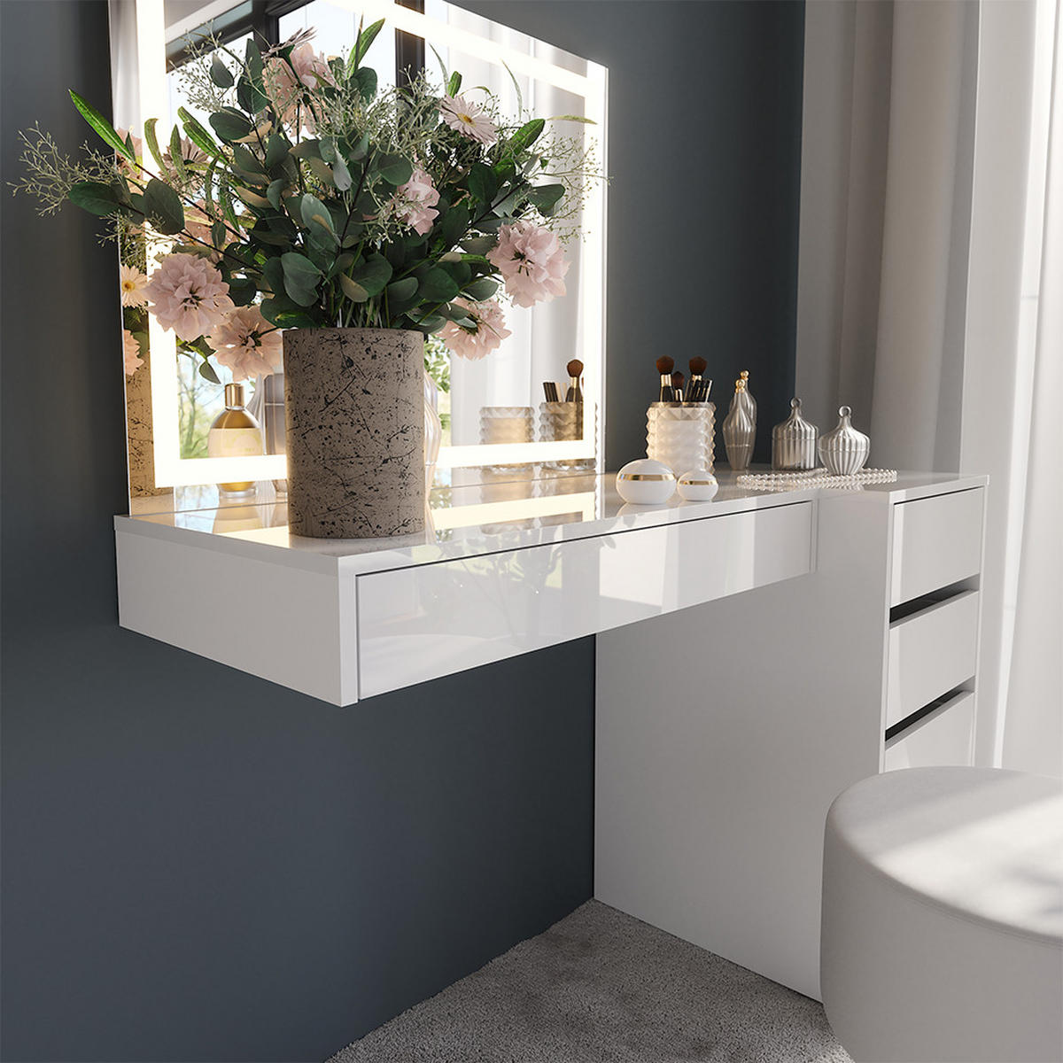 SCHMINKTISCH Sherry Weiß/Weiß Hochglanz 120 cm 4 Teile - Weiß Hochglanz, Holzwerkstoff (120/76/50.1cm) - Vicco