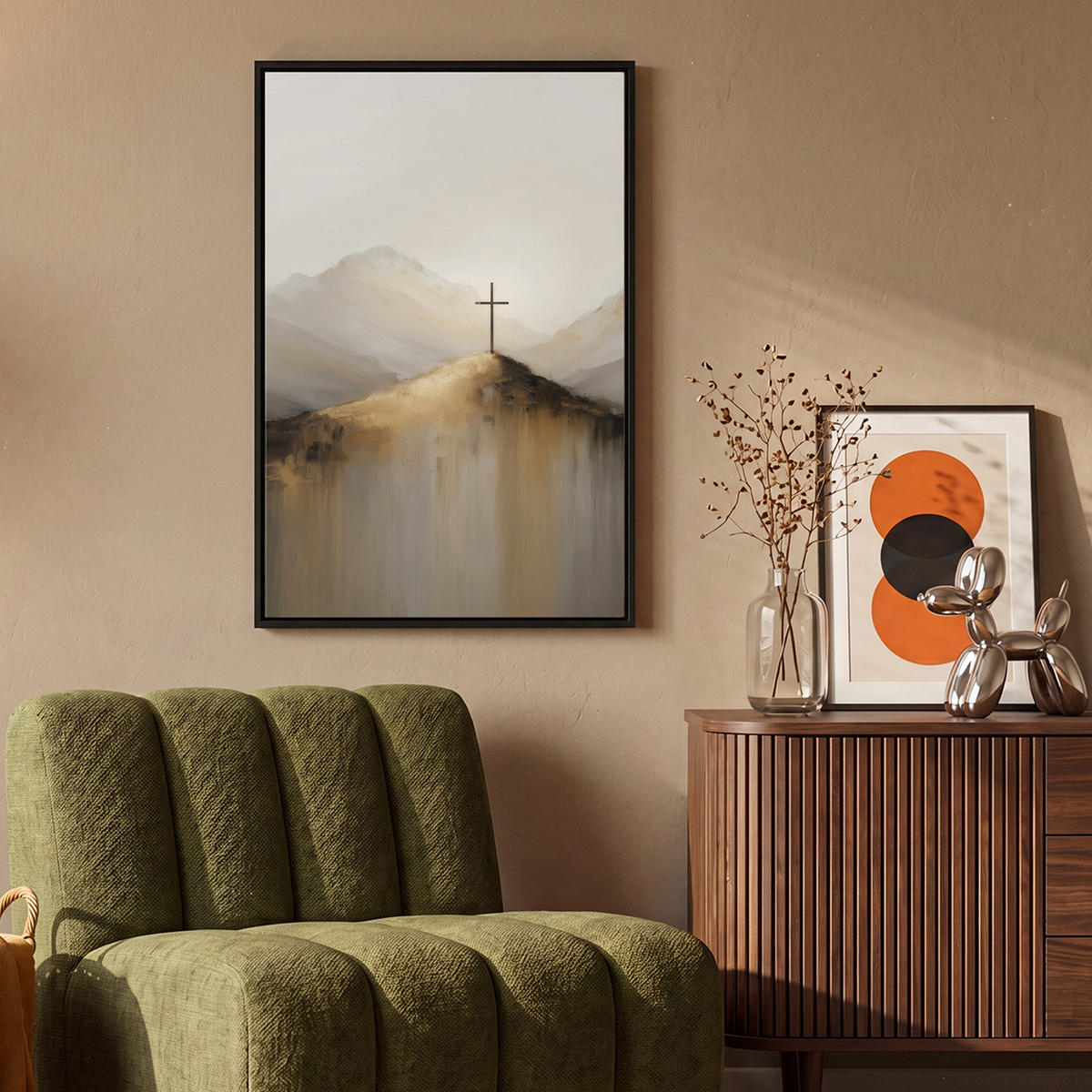 LEINWAND Bilder mit Rahmen - Hügel - Abstrakt - Kreuz - Christentum - 60x90 - Beige, Textil (60/90cm) - MuchoWow