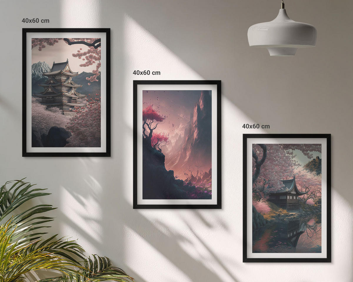 BILDER SET 3er Set - 40x60 cm Schwarzer Rahmen - Fantasielandschaften der japanischen Berge - Schwarz, Kunststoff (40/60cm) - TULUP