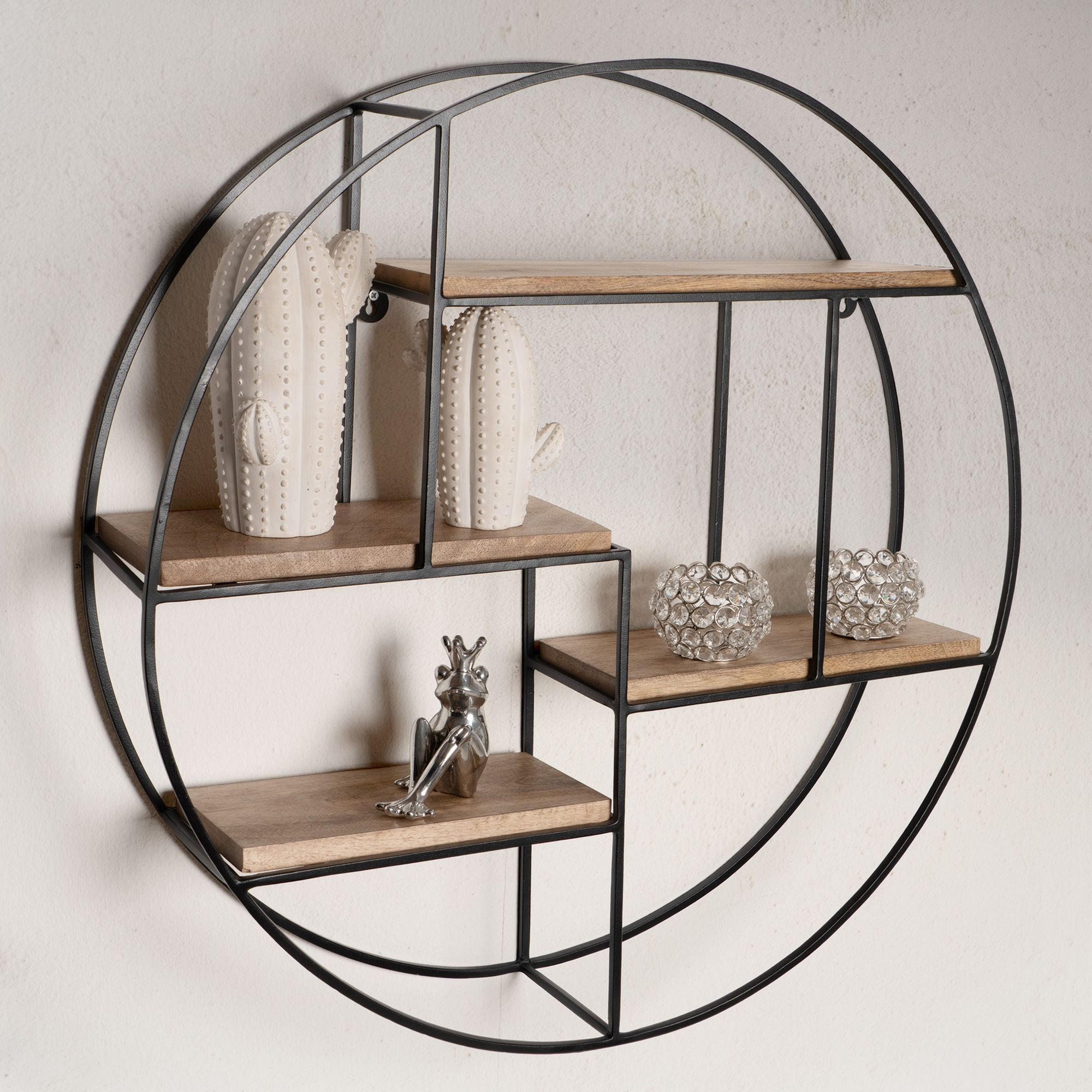 WANDREGAL Mango Massivholz Metall Industrial Stil 70x70x18 cm Rund - Schwarz/Braun, Holz/Metall (70/70/18cm) - KADIMA DESIGN