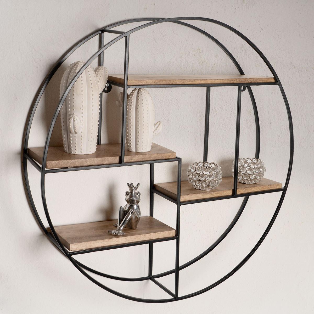 WANDREGAL Mango Massivholz Metall Industrial Stil 70x70x18 cm Rund - Schwarz/Braun, Holz/Metall (70/70/18cm) - KADIMA DESIGN