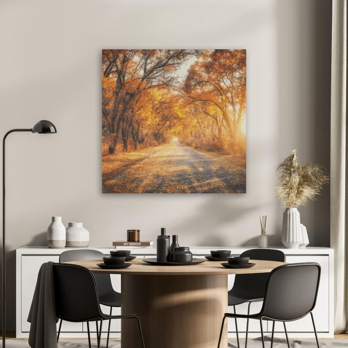 AKUSTIKBILD Wald - Herbst - Bäume - Waldweg - Natur Akustikpaneele 80x80 cm - Bernsteinfarben, Kunststoff (80/80/0.9cm) - MuchoWow