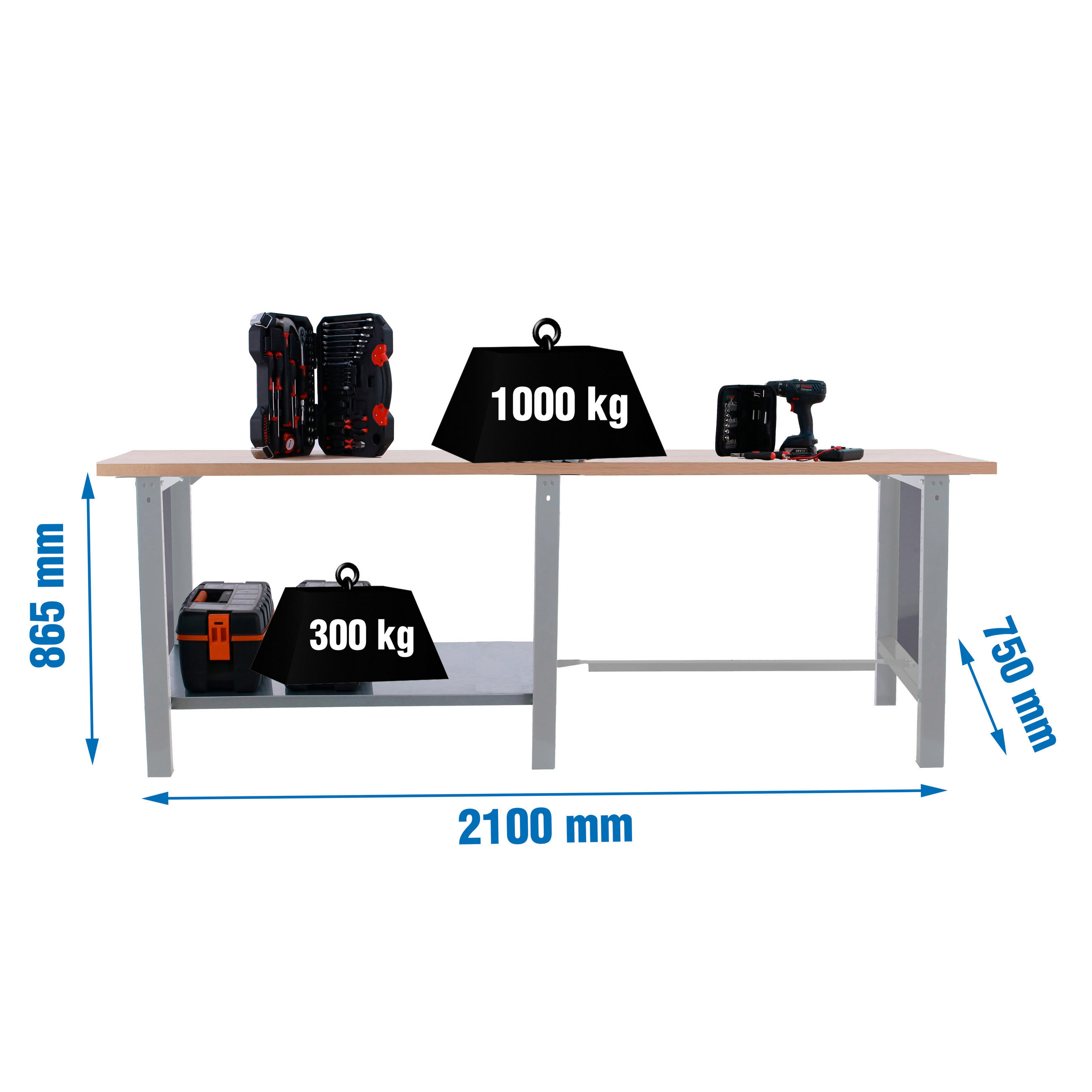 WERKBANK Buffalo Wood HxBxT 86,5 x 210 x 75 cm Traglast 1000 kg Grau - Grau, Metall (210/86.5/75cm) - PROREGAL