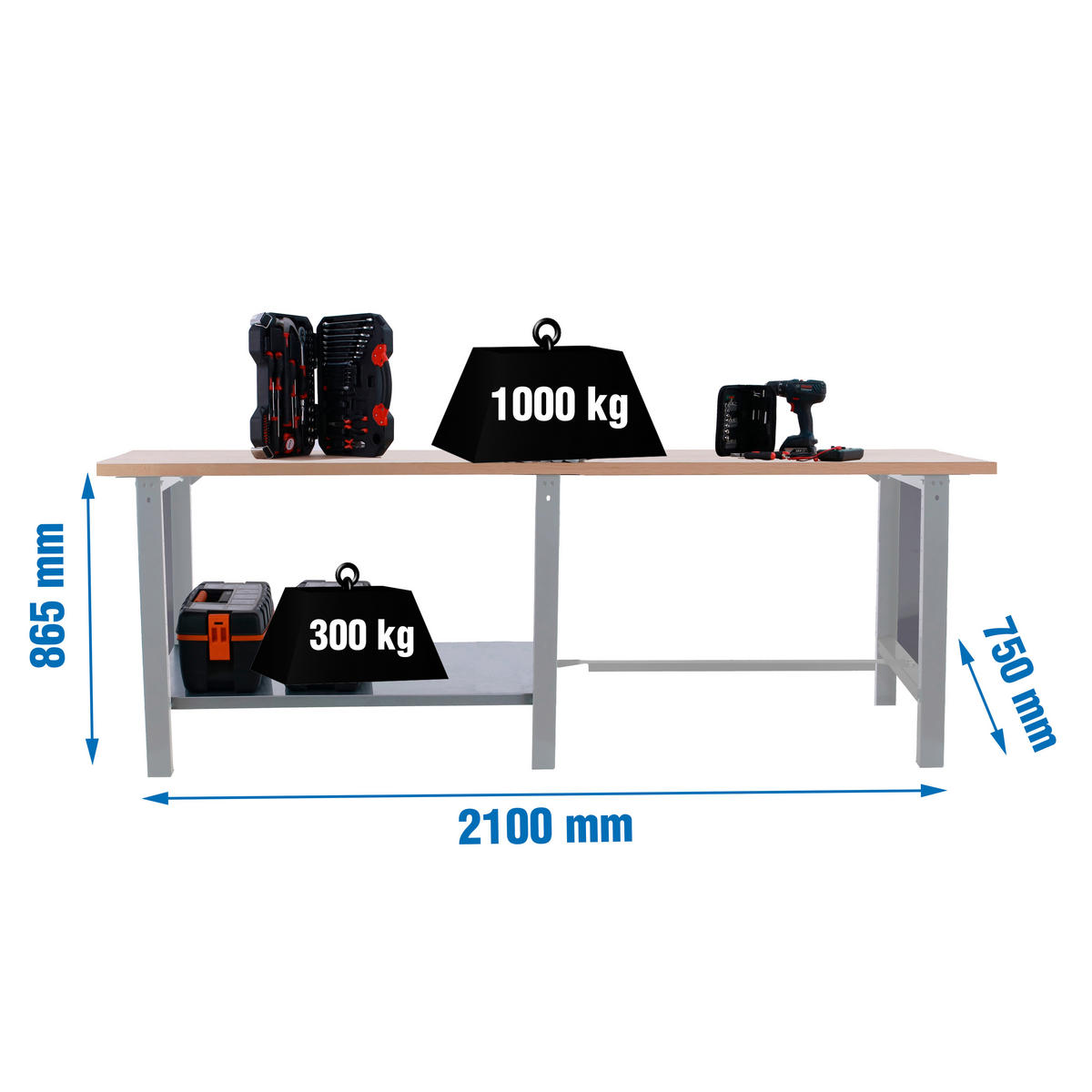 WERKBANK Buffalo Wood HxBxT 86,5 x 210 x 75 cm Traglast 1000 kg Grau - Grau, Metall (210/86.5/75cm) - PROREGAL