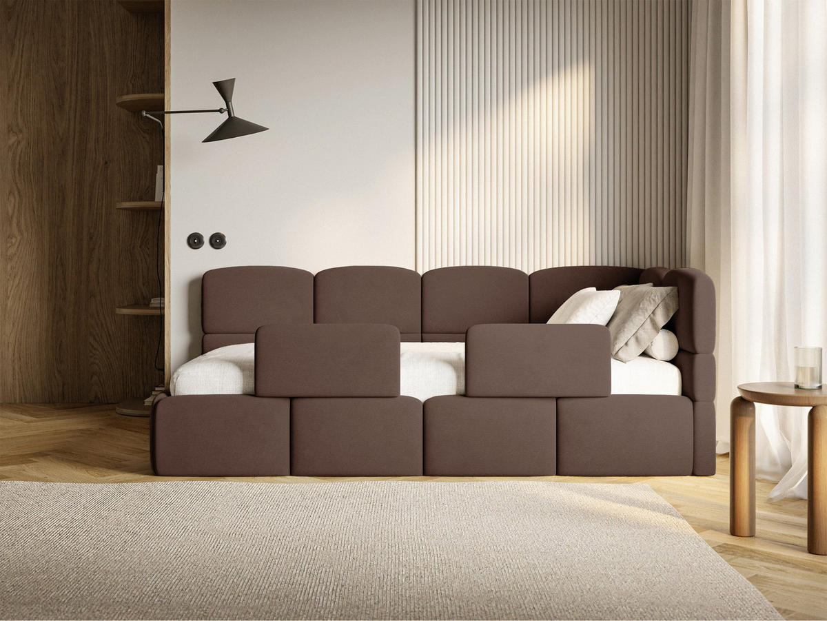 DETSKÁ POSTEĽ Cloudy hnedá 90x200 cm, s matracom a zábranou, záhlavie vpravo, zamat - hnedá/čierna, textil/plast (90/200cm) - Selsey