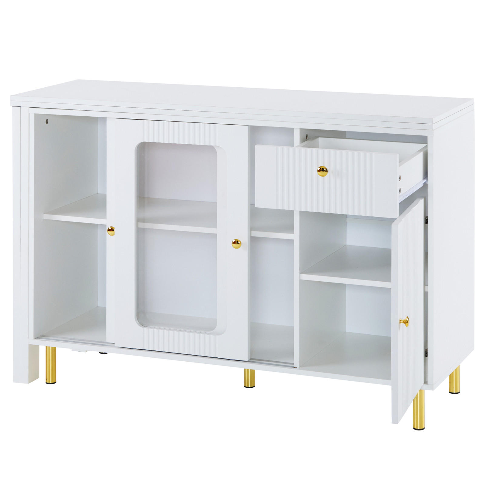 SIDEBOARD Weiß, Klappplatte, Glastüren, Goldfüße - Weiß, Holz (122/82/40cm)