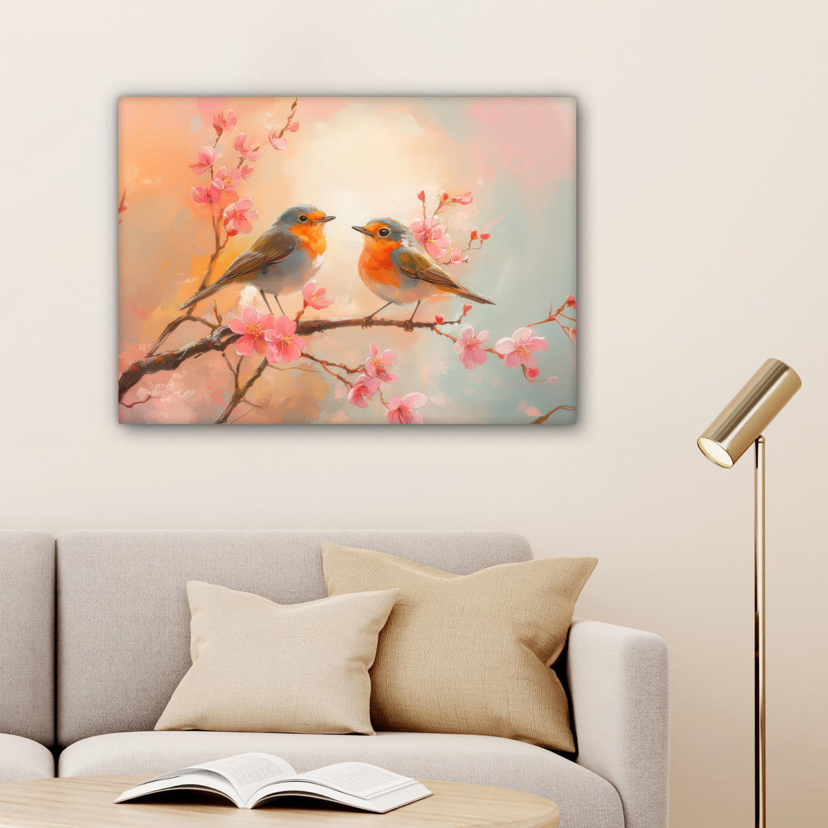 LEINWANDBILD Rotkehlchen - Zierpflanze - Blütenzweig Wandbilder 80x60 cm - Hellrosa, Textil (80/60cm) - MuchoWow