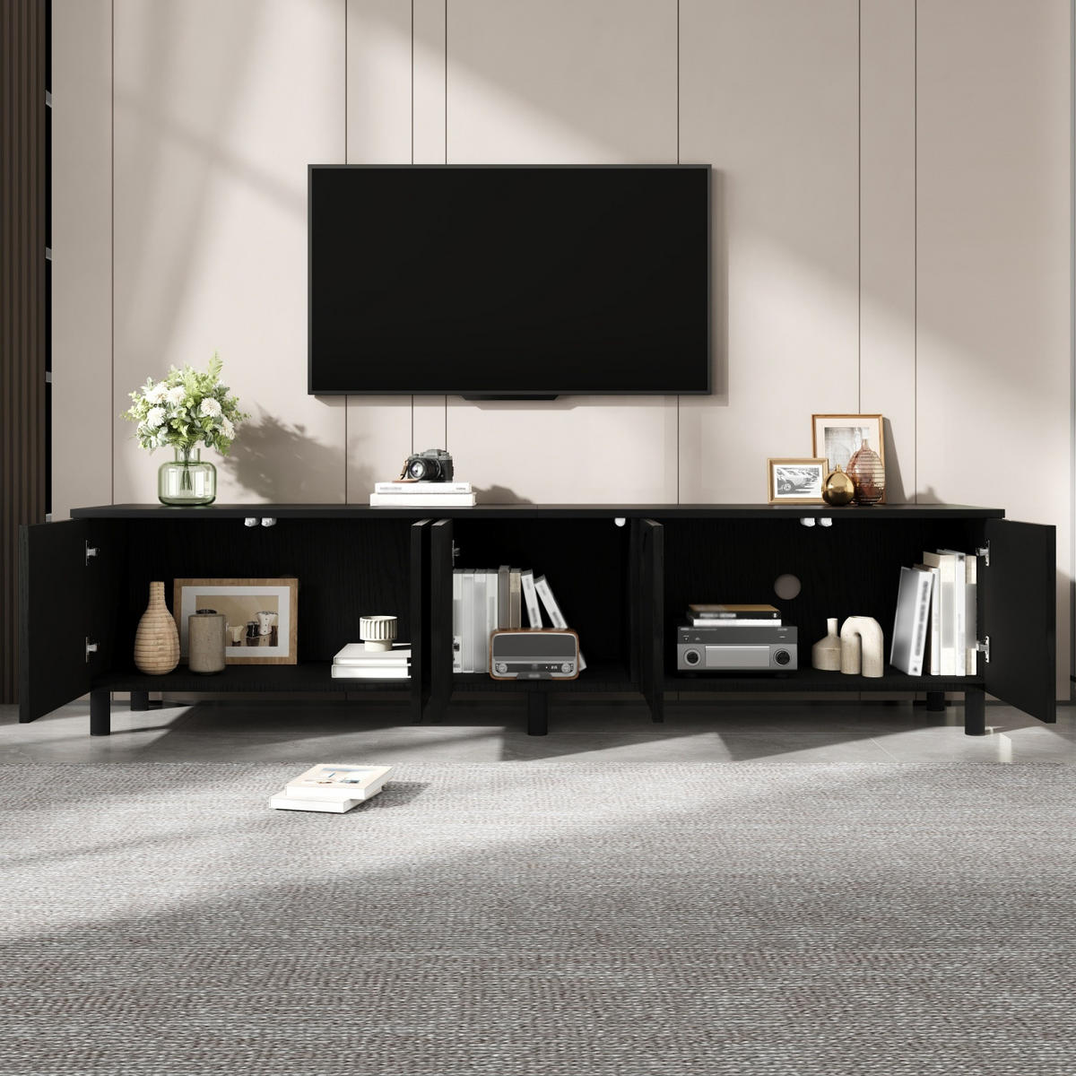 TV-LOWBOARD 180 x 38 x 45 cm aus MDF/Spanplatte, 5 Türen, Metallfüße, Schwarz - Schwarz, Holzwerkstoff (180/45/38cm)
