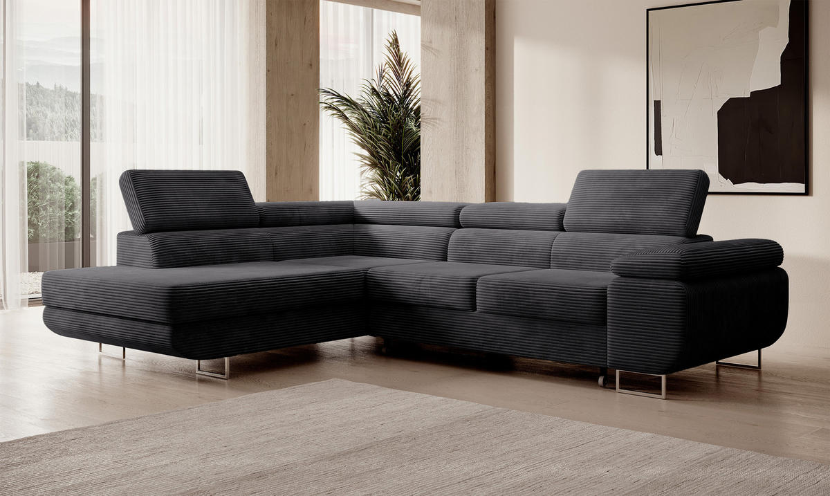 ECKSOFA Stevil Dunkelgrau Cordbezug - Dunkelgrau/Silberfarben, Textil/Metall (275/203cm) - Selsey