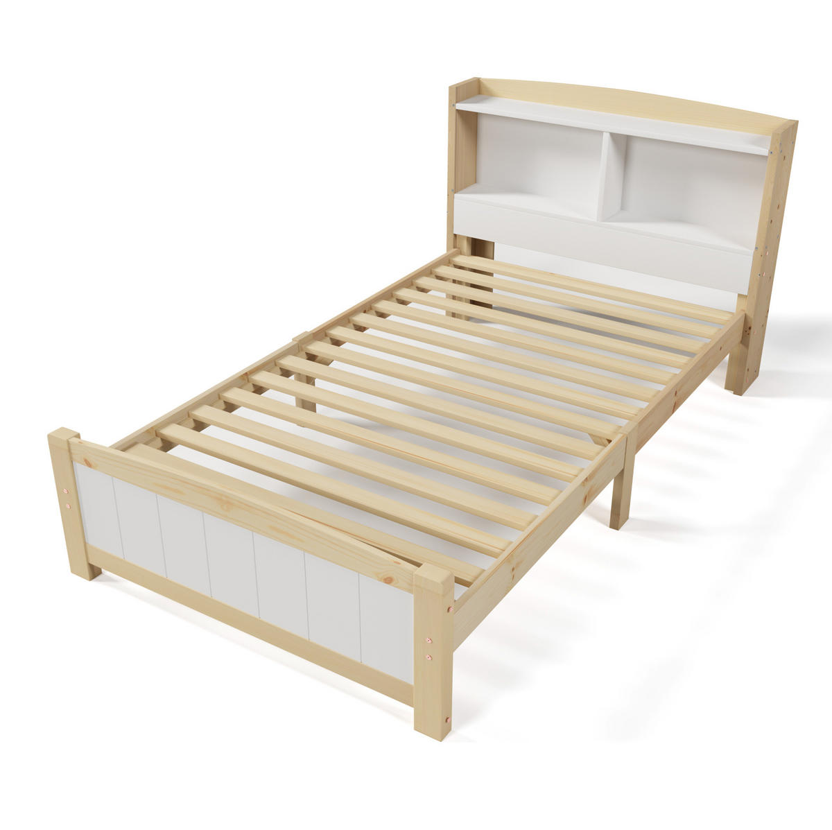 KINDEREINZELBETTEN aus Massivholz 90x200 cm in Weiß mit Stauraum-Kopfteil - Weiß, Holz (90/200cm) - Modfu