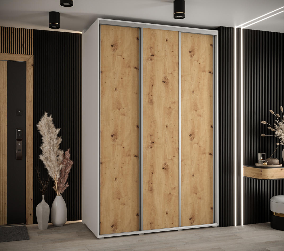 SCHWEBETÜRENSCHRANK 235,2/160/60 3-türig - Silberfarben/Eiche Artisan, Holz/Metall (160/235/60cm) - Abiks Möbel