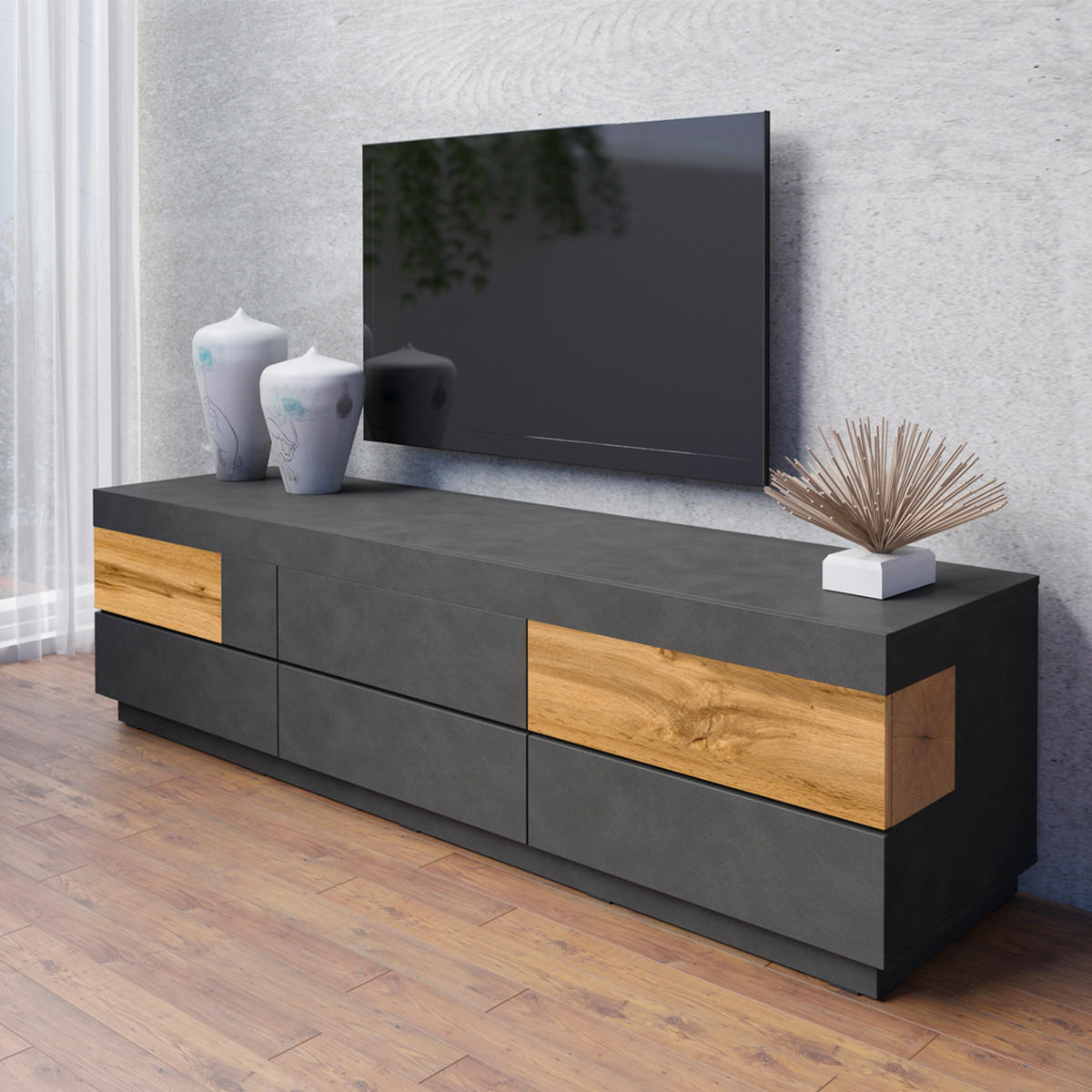 TV-MÖBEL Andrea Anthrazitgrau und Holz - Grau, Holzwerkstoff (206/54/50cm) - Petits-meubles