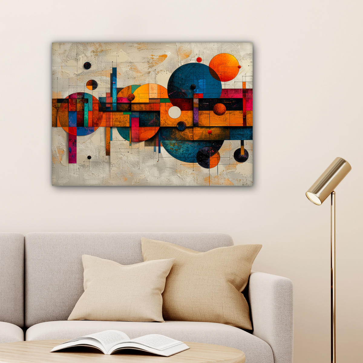 LEINWANDBILD - Vintage - Moderne Kunst - Orange - Geometrische Formen - 80x60 - Malerei - Multicolor, Textil (80/60cm) - MuchoWow