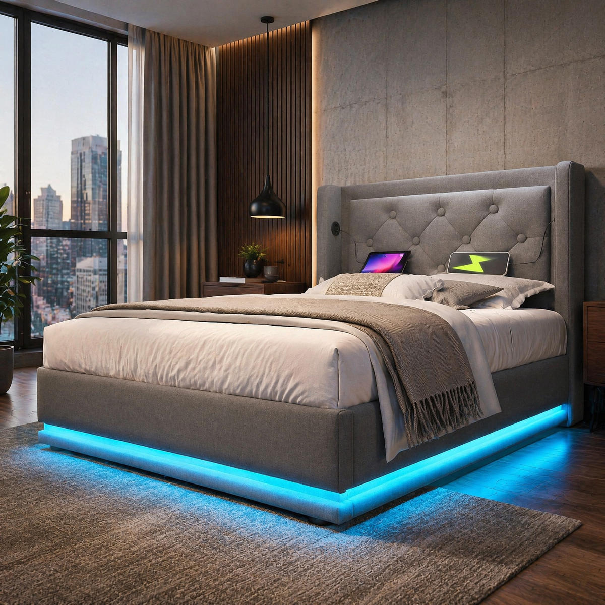 POLSTERBETT 90/200 mit LED, USB Type-C und hydraulischem Stauraum in Grau - Grau, Holzwerkstoff/Textil (90/200cm) - EVRYAE