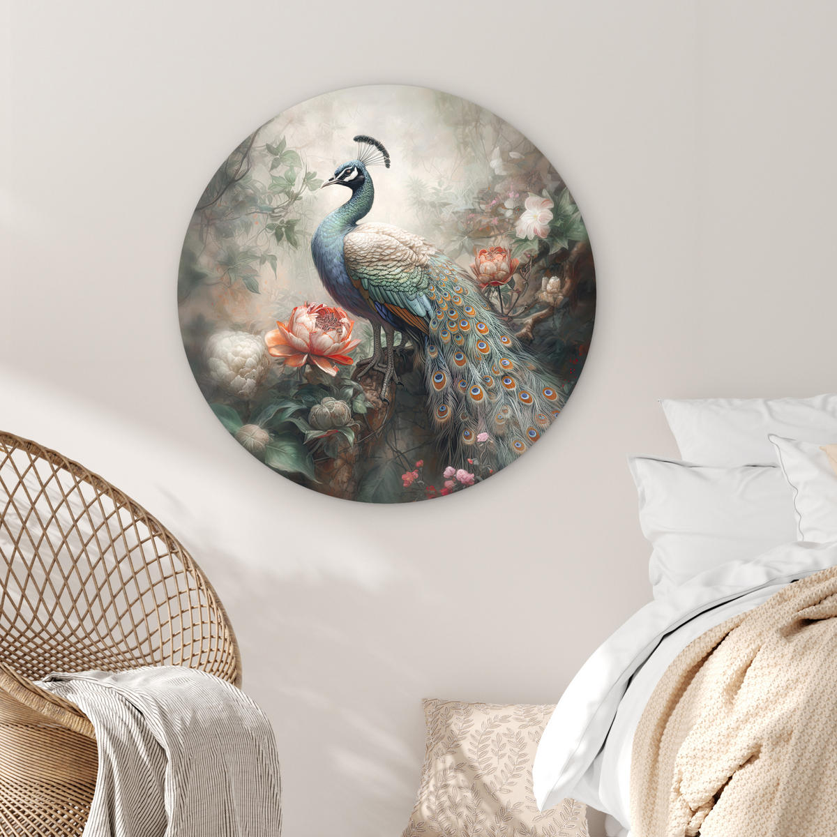 WANDBILD Pfau - Pfauenfedern - Vogel - Dschungel - Blumen 90x90 cm - Smaragdgrün, Kunststoff (90/90cm) - MuchoWow