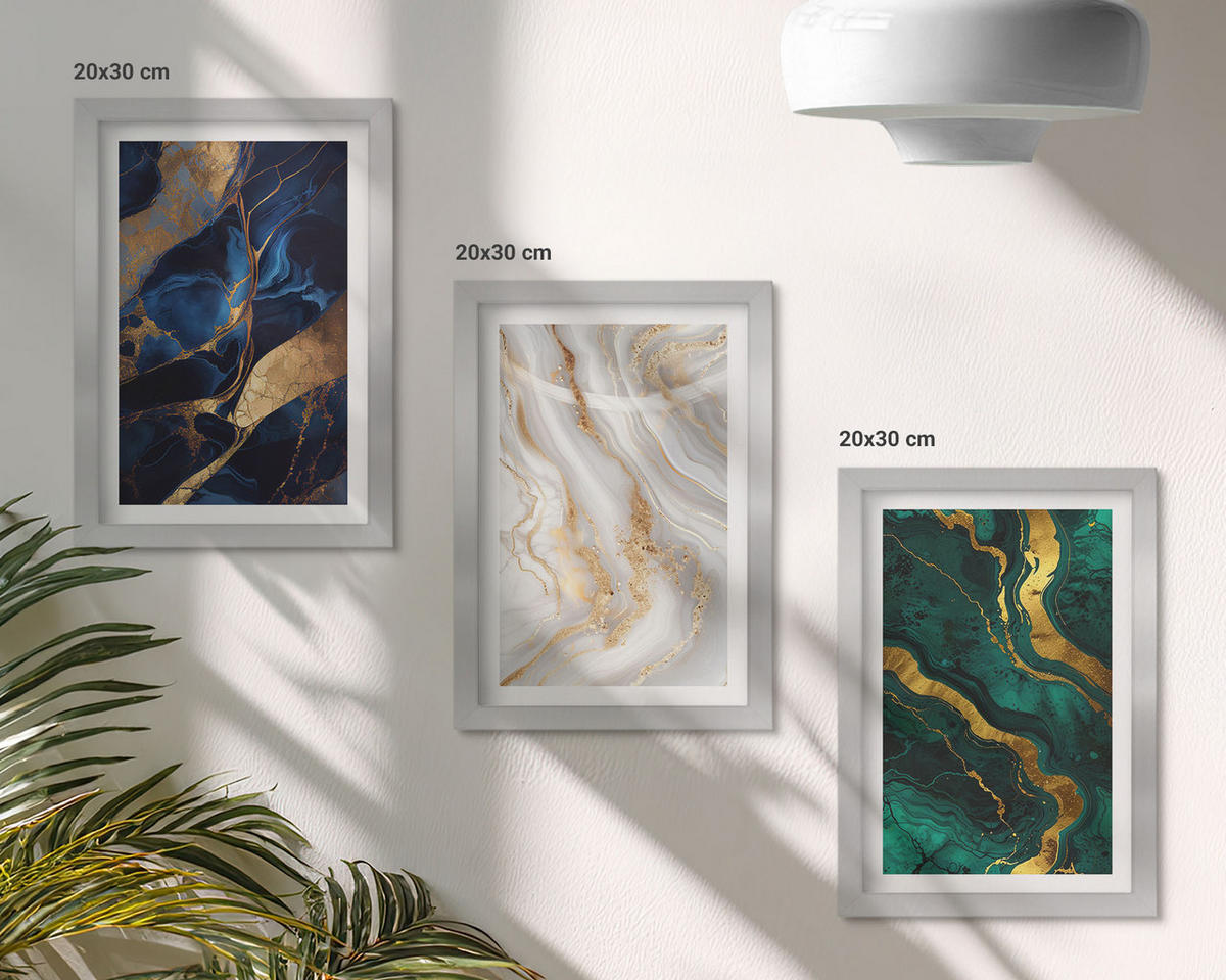 WANDBILDER 3er Set - 20x30 cm Silberner Rahmen - Abstrakte blaugrüne Muster - Silberfarben, Kunststoff (20/30cm) - ArtPrintCave